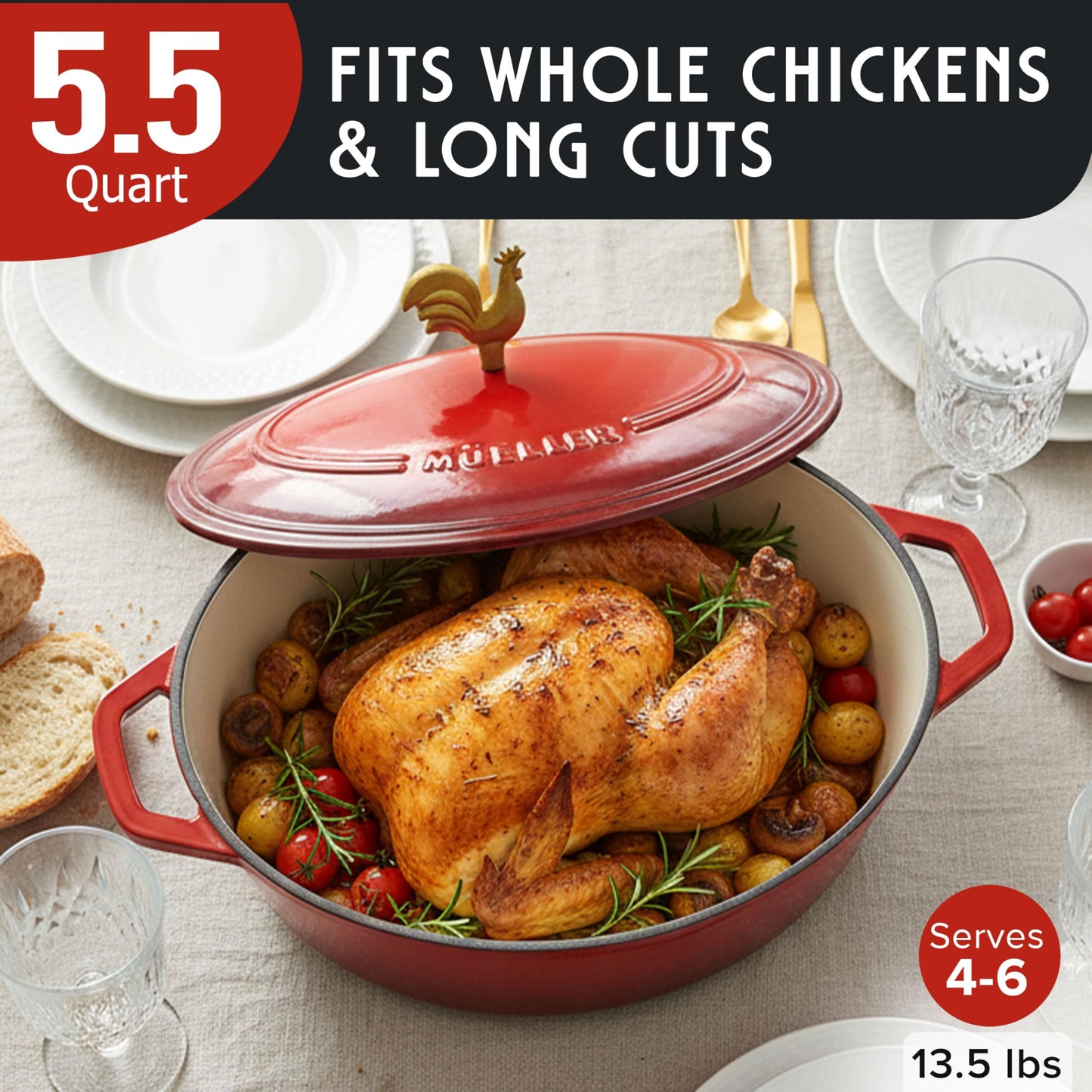 MUELLER HOME 5.5 Quart Enameled Cast Iron Oval Dutch Oven w Rooster Knob & Cotton Potholders, Heavy-Duty Cookware, Oven-Safe up to 500° F & Across All Cooktops, Gifts for Grandma & Women, Red