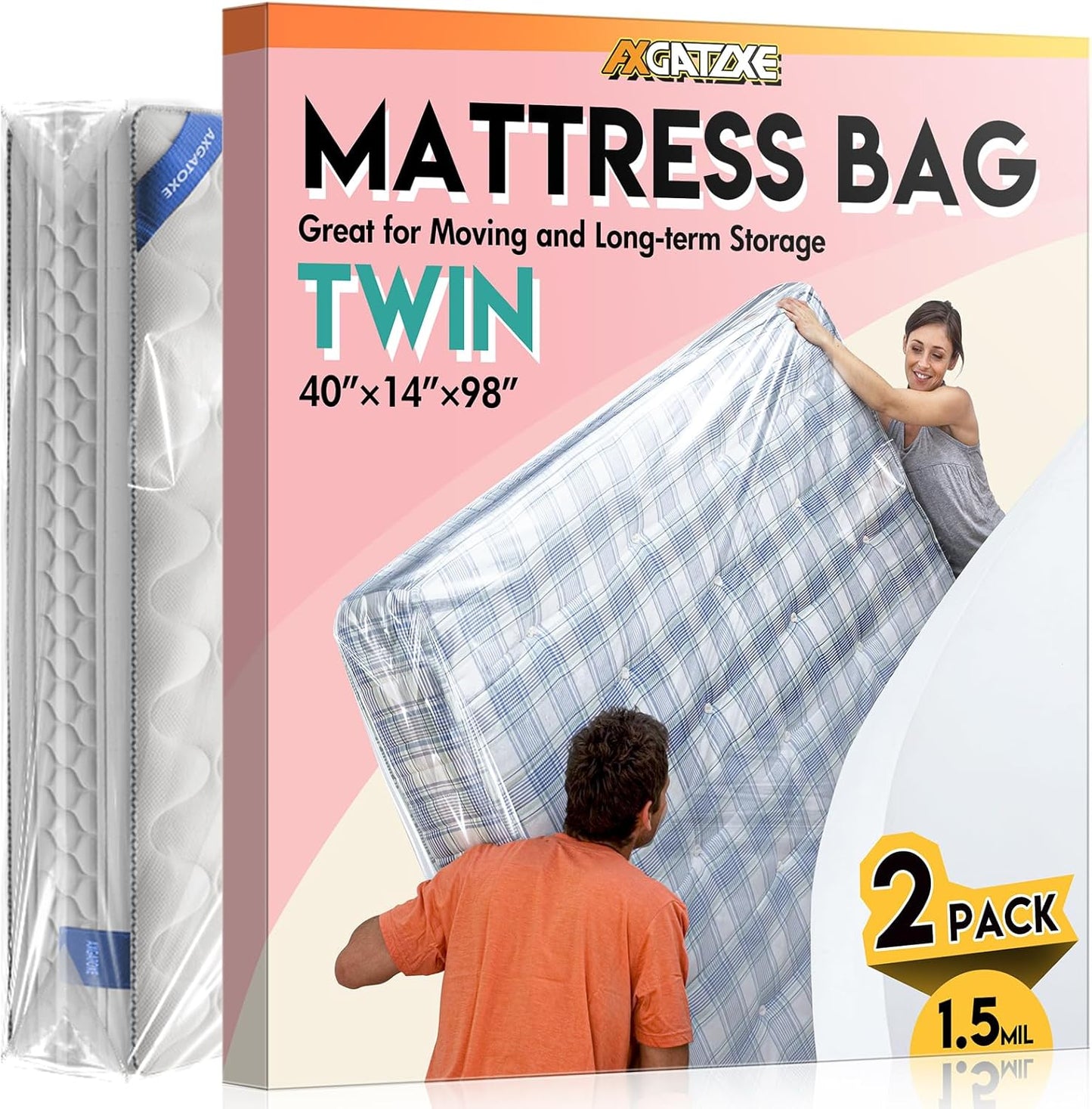 Skiennix Twin Size Mattress Bag - Waterproof Plastic Cover for Moving & Storage (2PC, 1.5MIL)