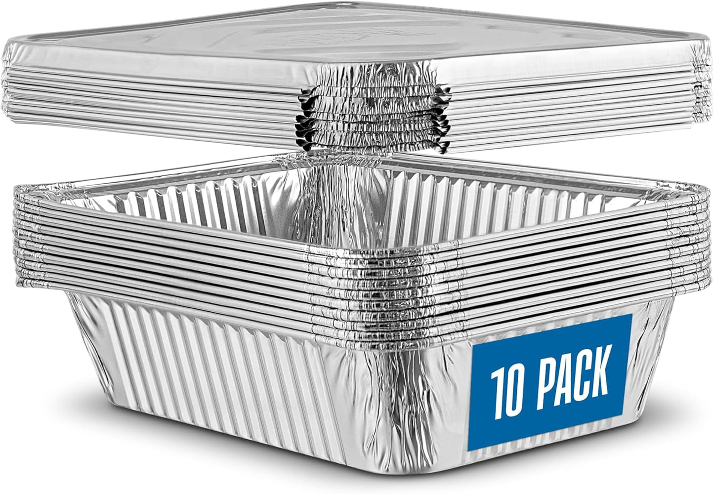 PLASTICPRO Disposable Aluminum Pans - Heavy Duty 6.5'' x 9'' with Covers | 10 Pack for Baking & Cooking