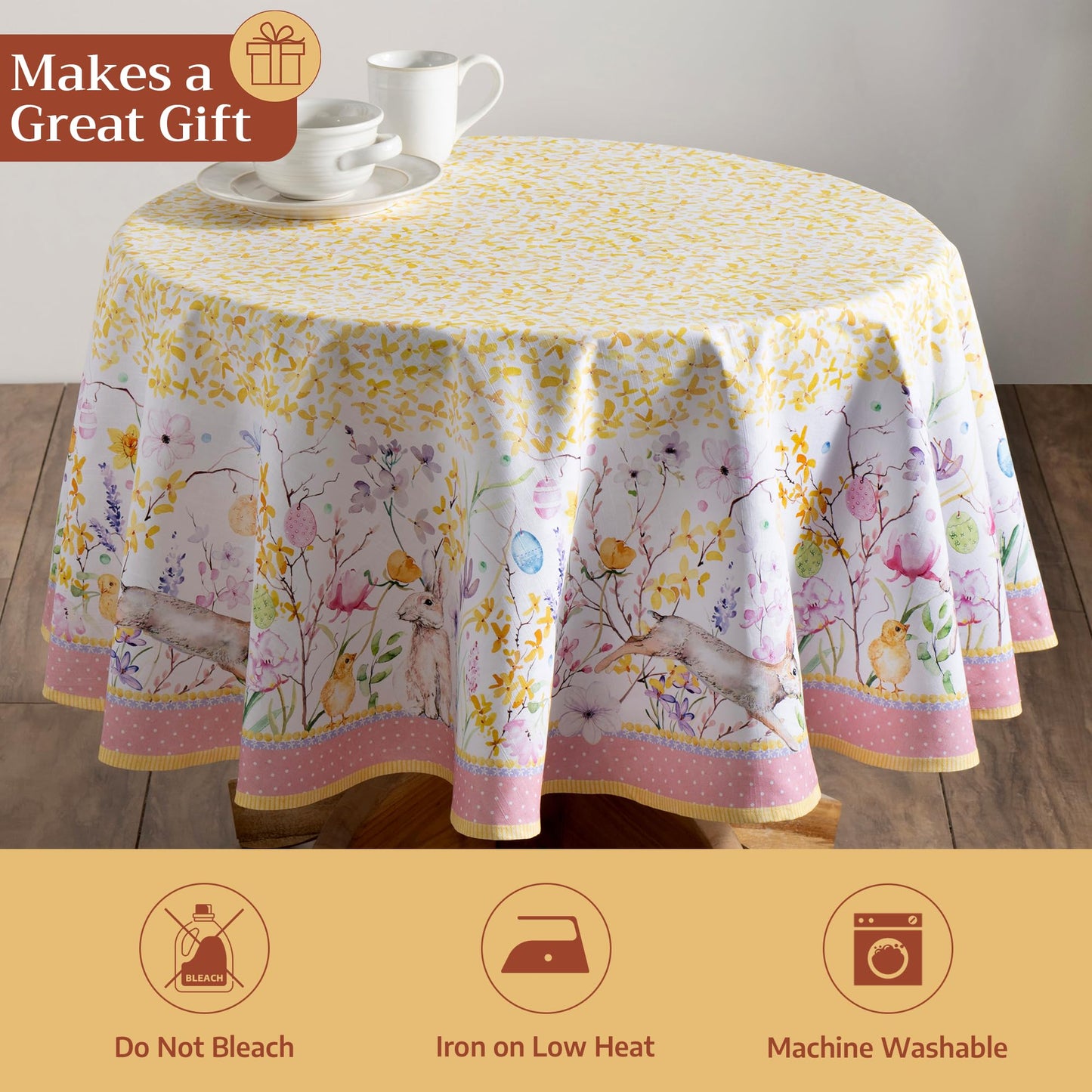 Maison d' Hermine Table Cloth Round Table 100% Cotton 63 Round Inches Tablecloth Reusable Decorative for Dining Kitchen Room Farmhouse Home Gifts for Mothers Day Spring Summer - Easter Zest