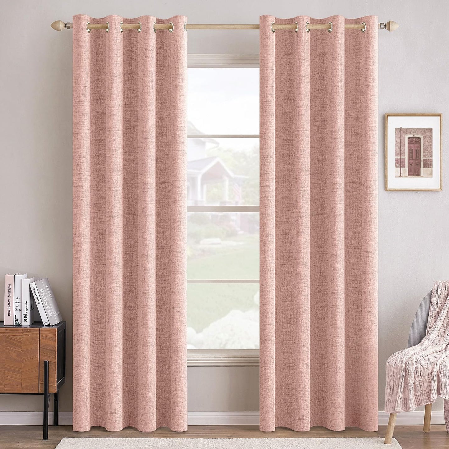 MIULEE 100% Blackout Linen Curtains - Thermal Insulated Blush Pink Drapes for Bedroom & Living Room | 52 x 84 Inch (2 Panels)