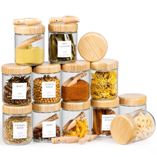 FavorFlavor 12-pack 10oz Glass Spice Jars with Labels, Spice Containers with 12 Wooden Spoons, Airtight Seasoning Containers with Bamboo Lids