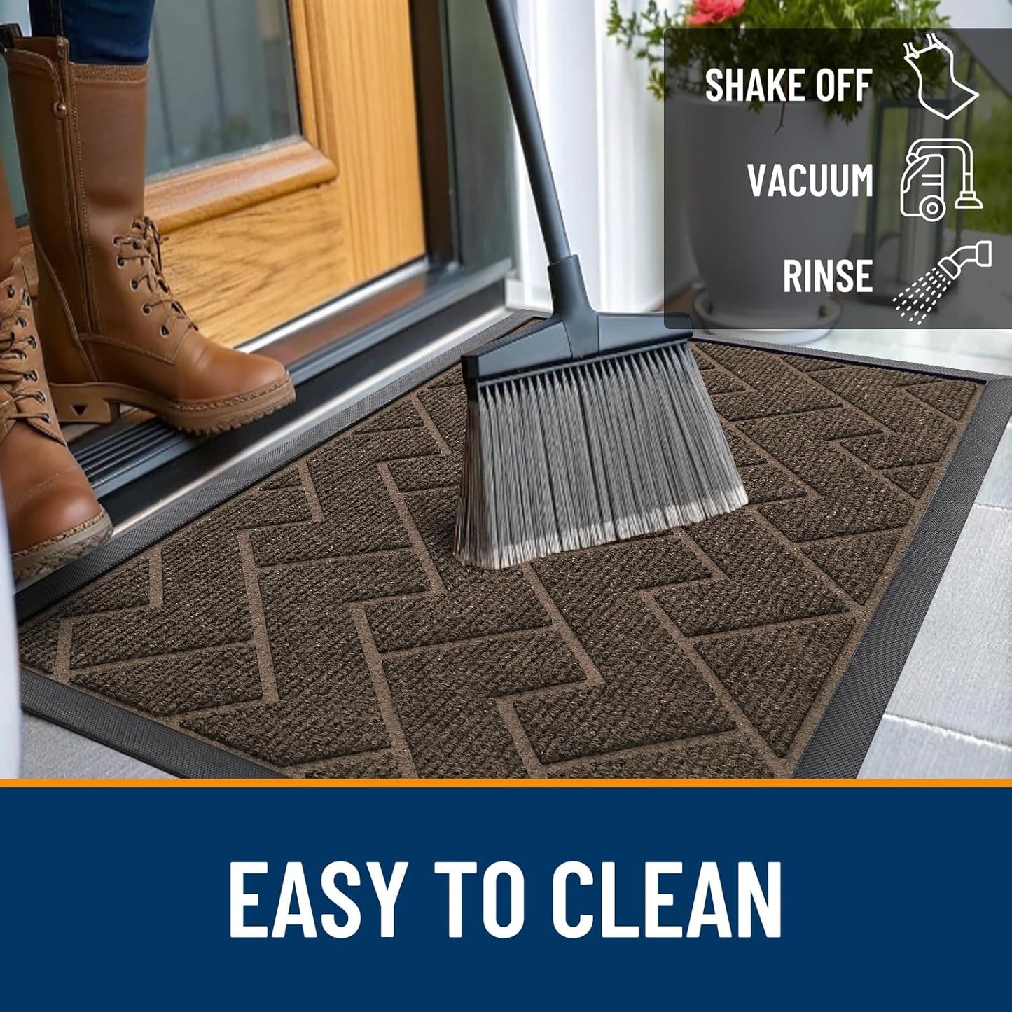 OLANLY Waterproof Front Door Mat - All-Season Indoor/Outdoor Doormat, Low Profile, Easy Clean | Herringbone Brick (Brown, 36x24)