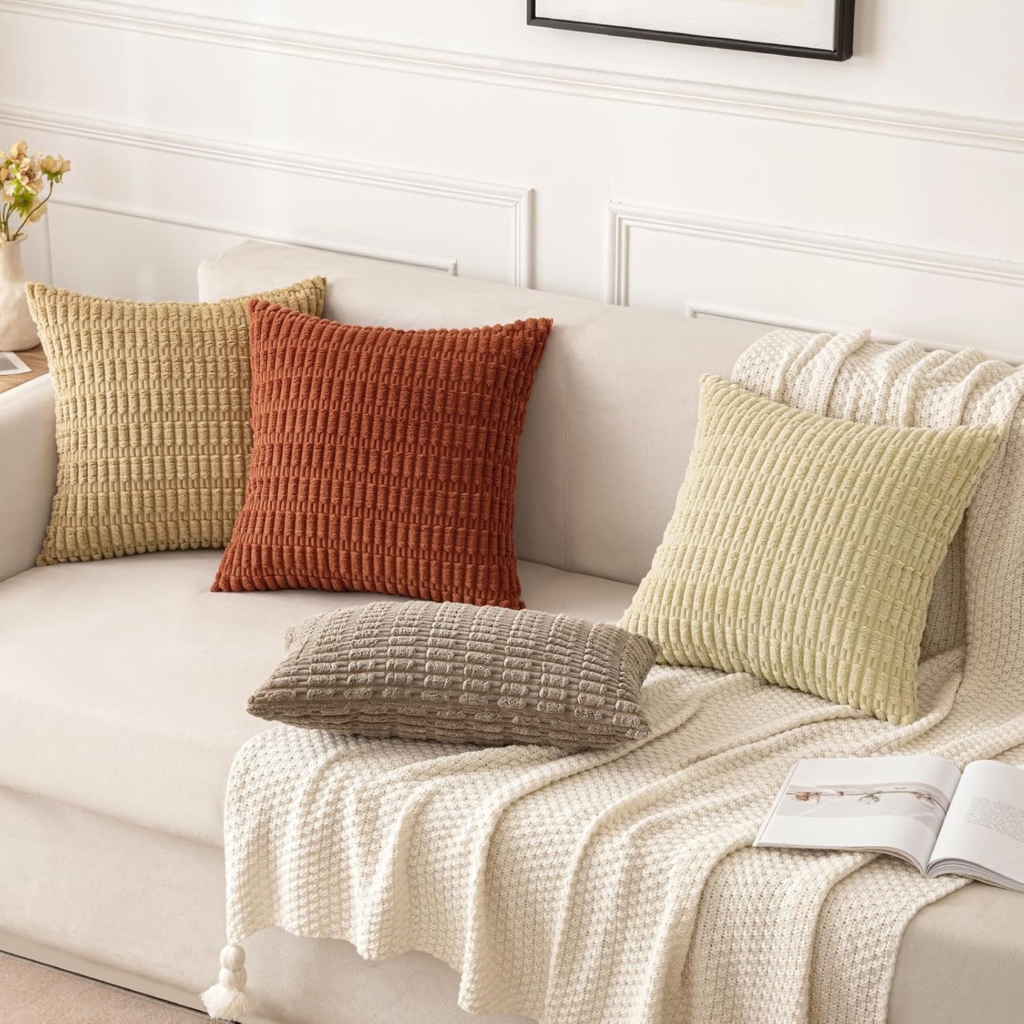 MIULEE Decorative Pillow Covers - Soft Dark Rust Corduroy | Set of 2, 16x16 Inch Boho Striped Design for Modern Farmhouse Decor