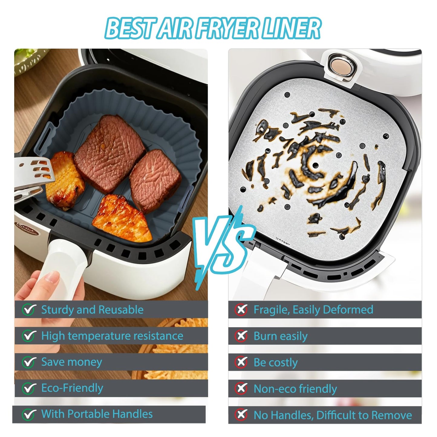 Komzon Silicone Air Fryer Liners Reusable 3 PCS, Airfryer Liners, Silicone Air Fryer Basket Liners Square, Food Grade AirFryer Accessories 4-7 QT, Ktchen Gadgets for Pot Oven Liner Baking Tray Pan