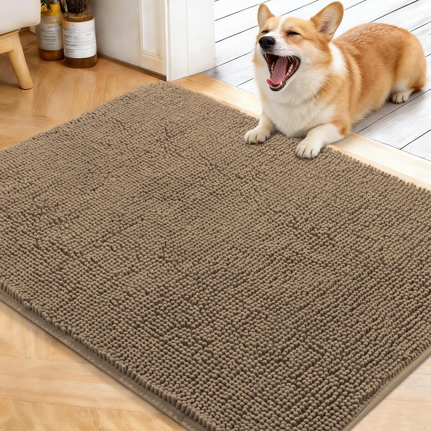 OLANLY Dog Door Mat - Absorbent Non-Slip Chenille for Muddy Paws | 40x32 Tan Indoor Entryway Carpet