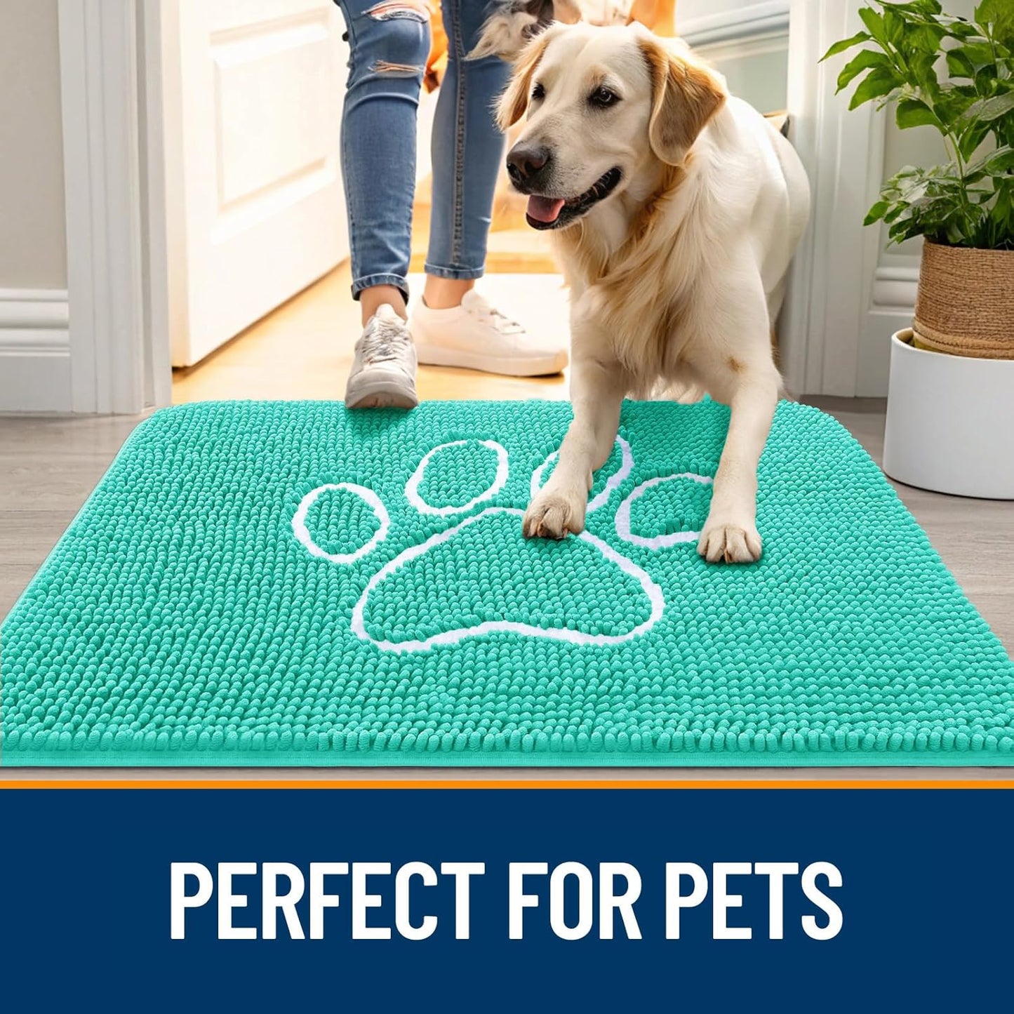 OLANLY Dog Door Mat - Absorbent Non-Slip Chenille Mat for Muddy Paws | 59x35, Teal Paw Print Design