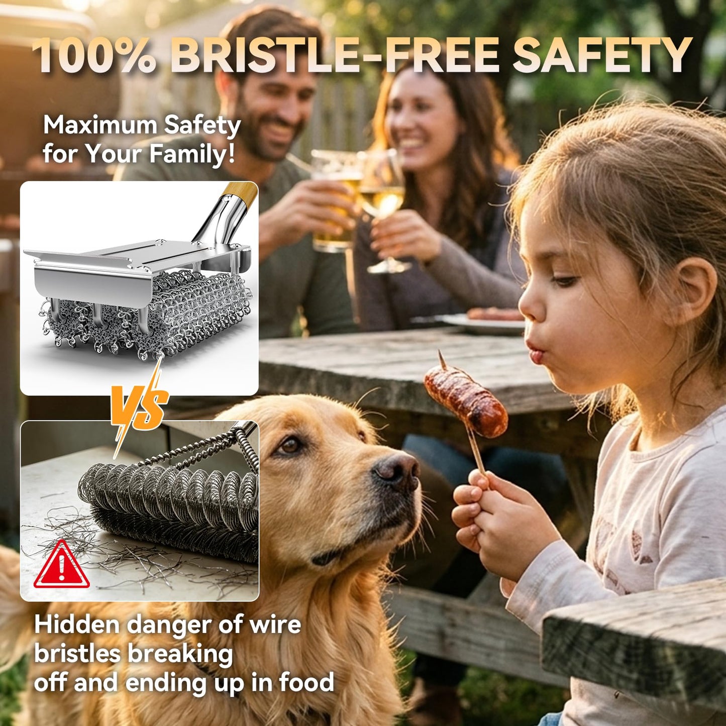 HOUSE AGAIN Grill Brush Bristle Free, Stainless Steel Food-Grade Brush Head with Scraper, Safe Steam BBQ Outdoor Grill Cleaning Brush Barbecue Grill Cleaner Non Wire for Grill Grate/Long Wood Handle