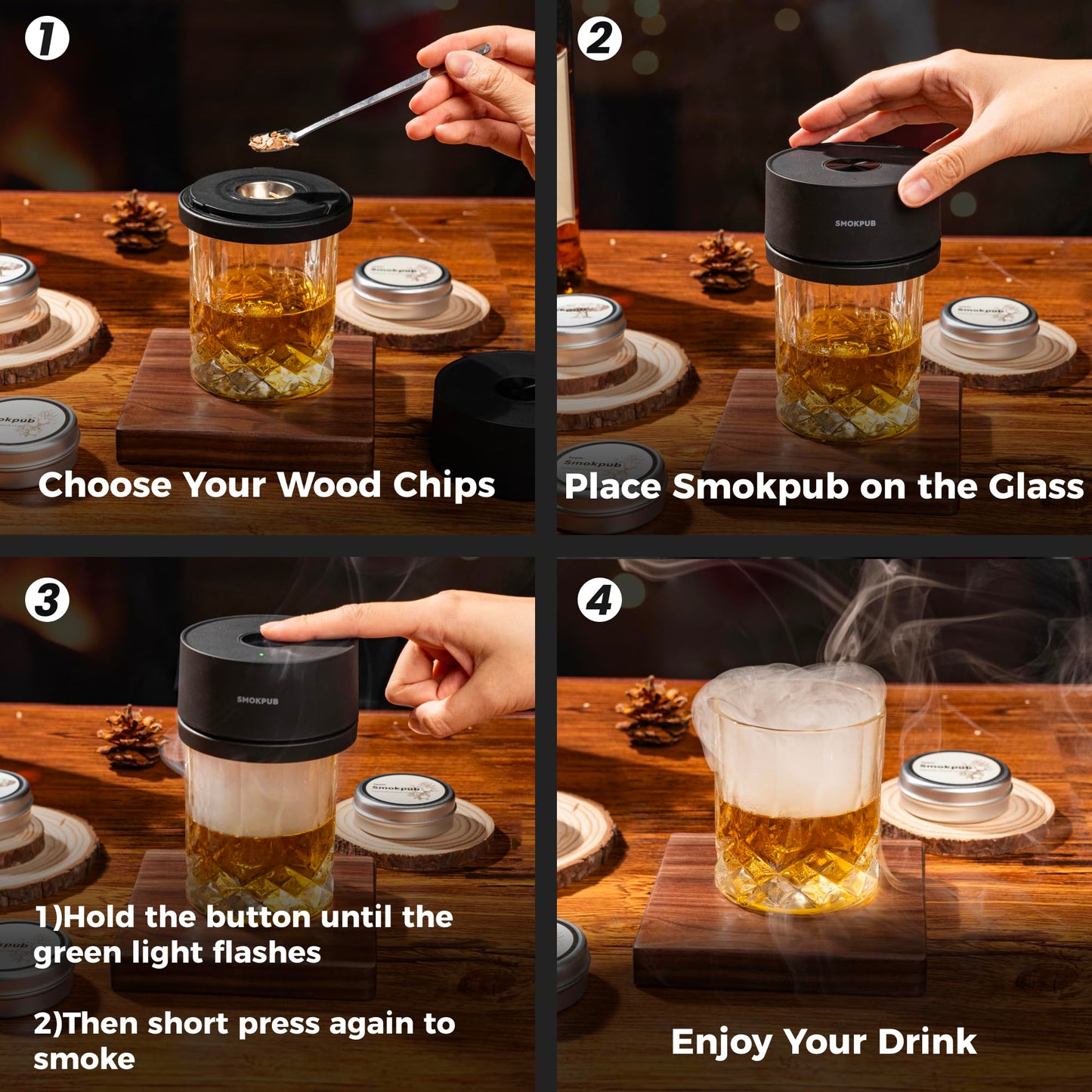 SMOKPUB Electric Whiskey Smoker Kit, Rechargeable Cocktail Smoker with 6 Wood Chips, Flameless Heating System, Old Fashioned Drink Smoker Kit, Bourbon Whiskey Gifts for Men,Dad,Husband