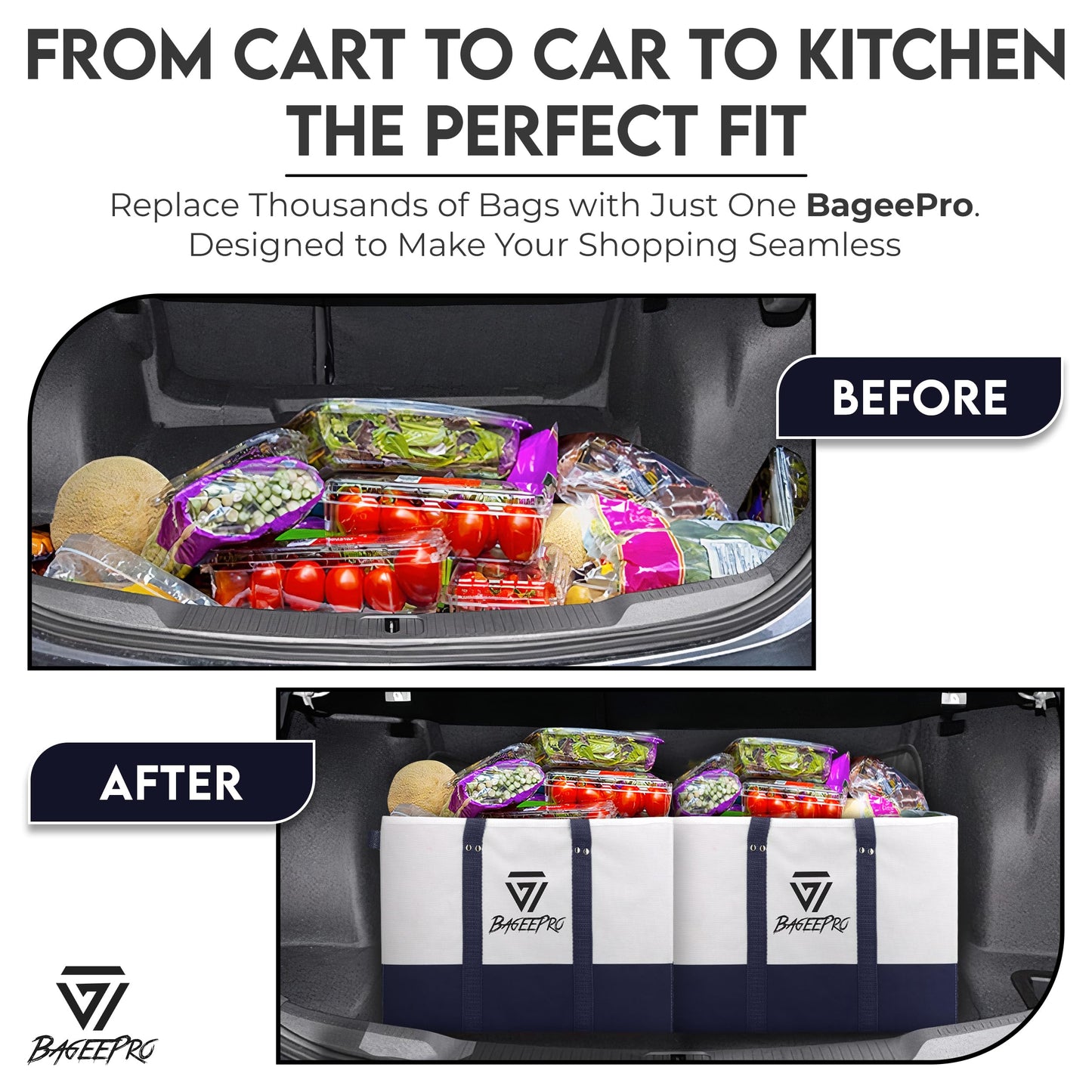 BageePro 2Pack Collapsible Tote Bags | Reusable Grocery Bag | Foldable Heavy Duty Shopping Bags with Handles for Food, Storage, and Groceries | Large Utility Tote Organizer | Navy Blue