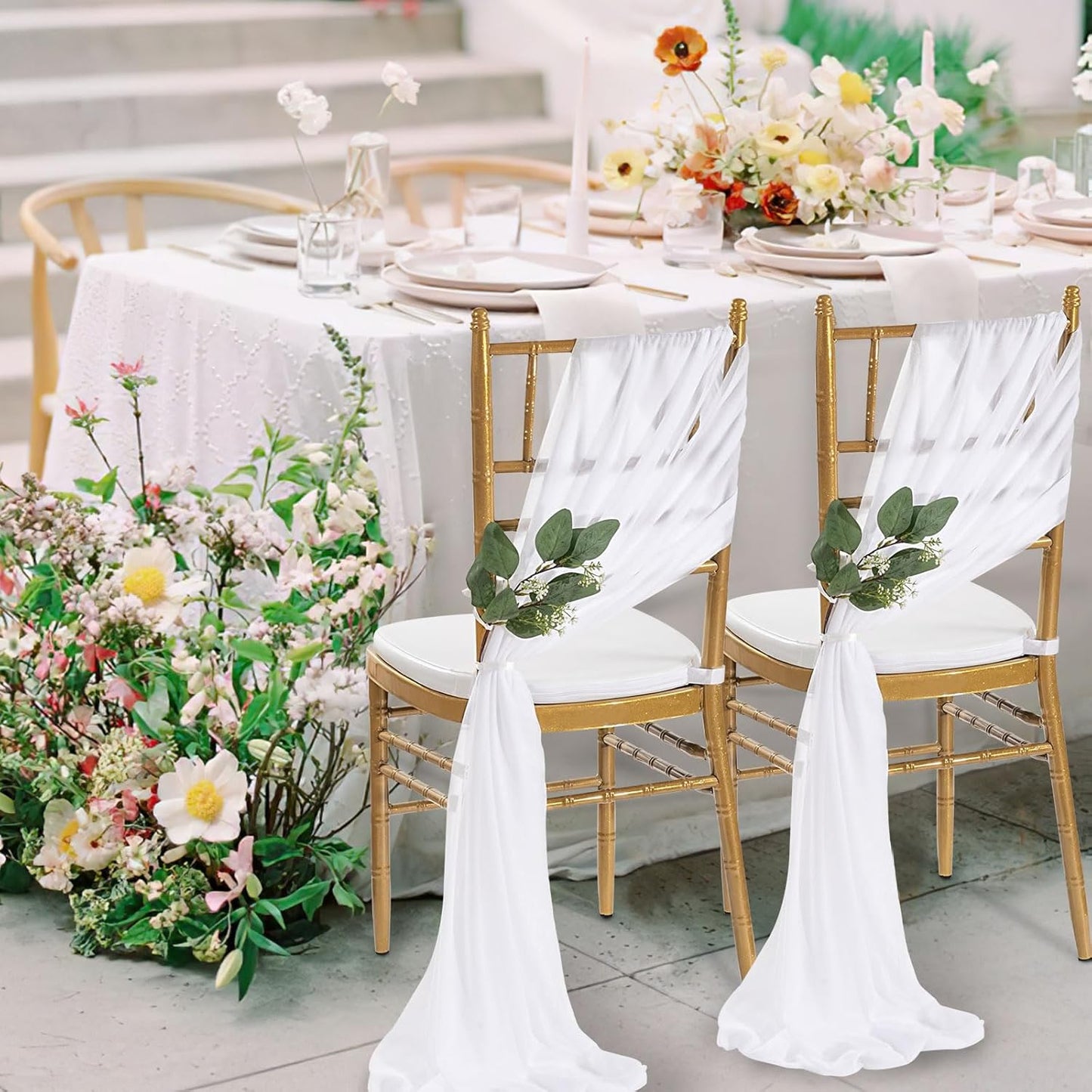 QueenDream Chair Sashes - Elegant White Draping Fabric for Weddings | 24 Packs, 8ft Long