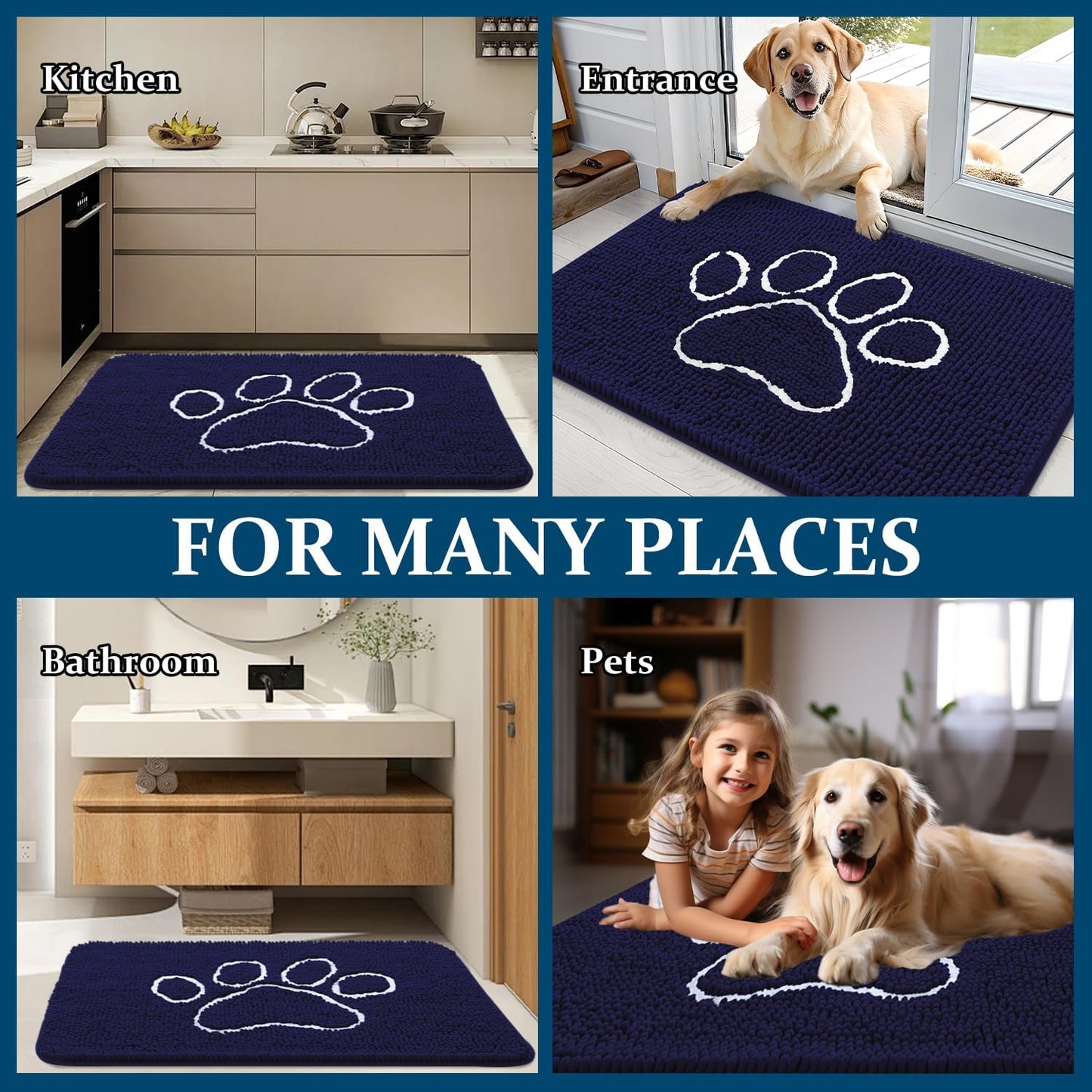 OLANLY Dog Door Mat - Absorbent Non-Slip Mud Mat for Paws | 59x24 Navy Blue Chenille Design