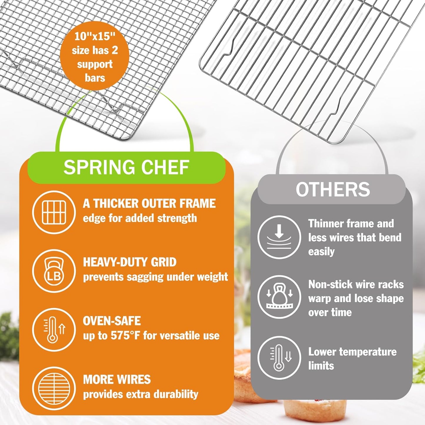 Spring Chef Stainless Steel Cooling Rack - Heavy Duty 10 x 15 Inch Oven Safe Baking Rack | Dishwasher Safe