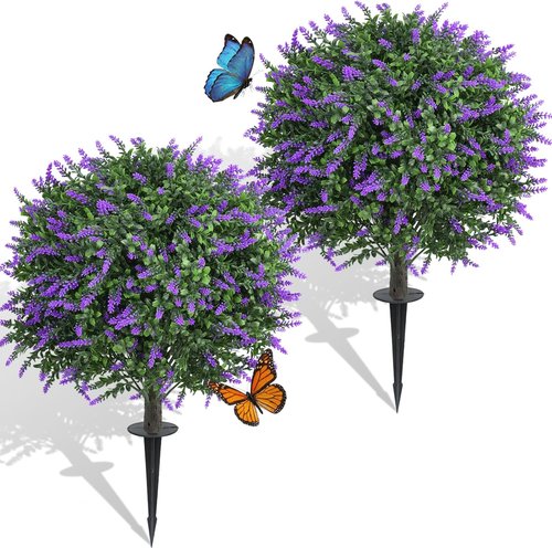 Artificial Lavender Topiary Ball Trees by Dense Foliage - UV Resistant 24 Inch Faux Plants | 2 Pack for Garden & Patio Decor