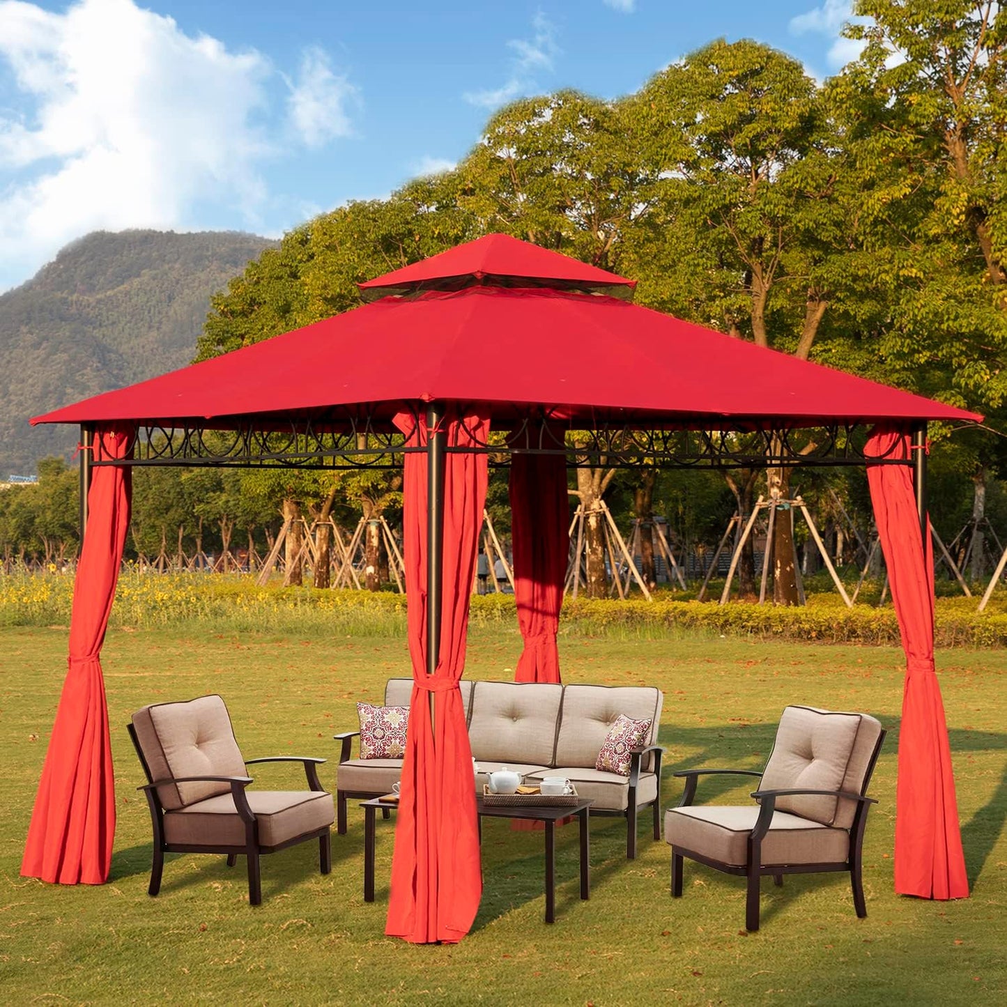 Skiennix Outdoor Canopy Tent - UV Protection Gazebo with 4 Sidewalls | 10'x10', Red