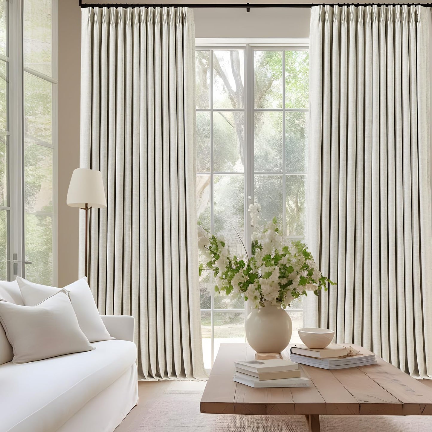 IVAPUPU Pinch Pleated Linen Blackout Curtains for Bedroom, Natural Full Black Out Curtains 84 Inches Long for Living Room Darkening Thermal Insulated Neutral Pleat Drapes with 16 Hooks, 2 Panels