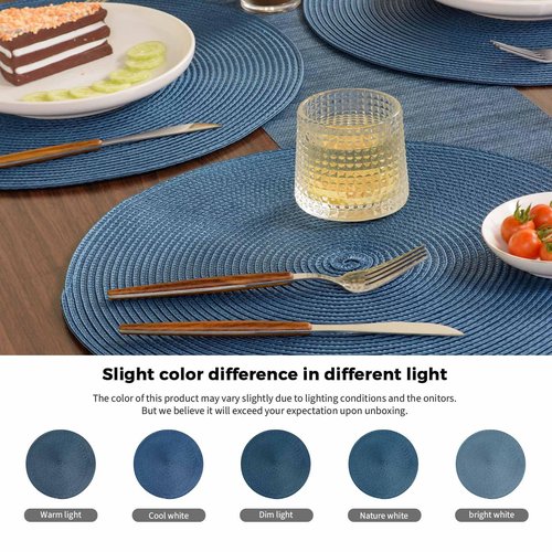FunWheat Round Braided Placemats Set of 6 Table Mats for Dining Tables Woven Washable Non-Slip Place mats 15 in(Blue, 6pcs)