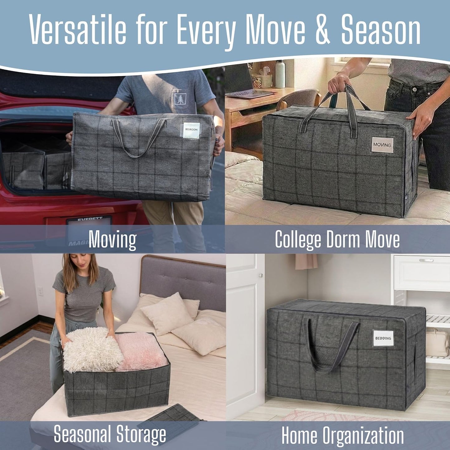 VENO Extra Large Heavy Duty Moving Bags - 8 Pack with Wide Opening & Reinforced Handles | Reusable Storage Totes for Clothes & Dorm Essentials