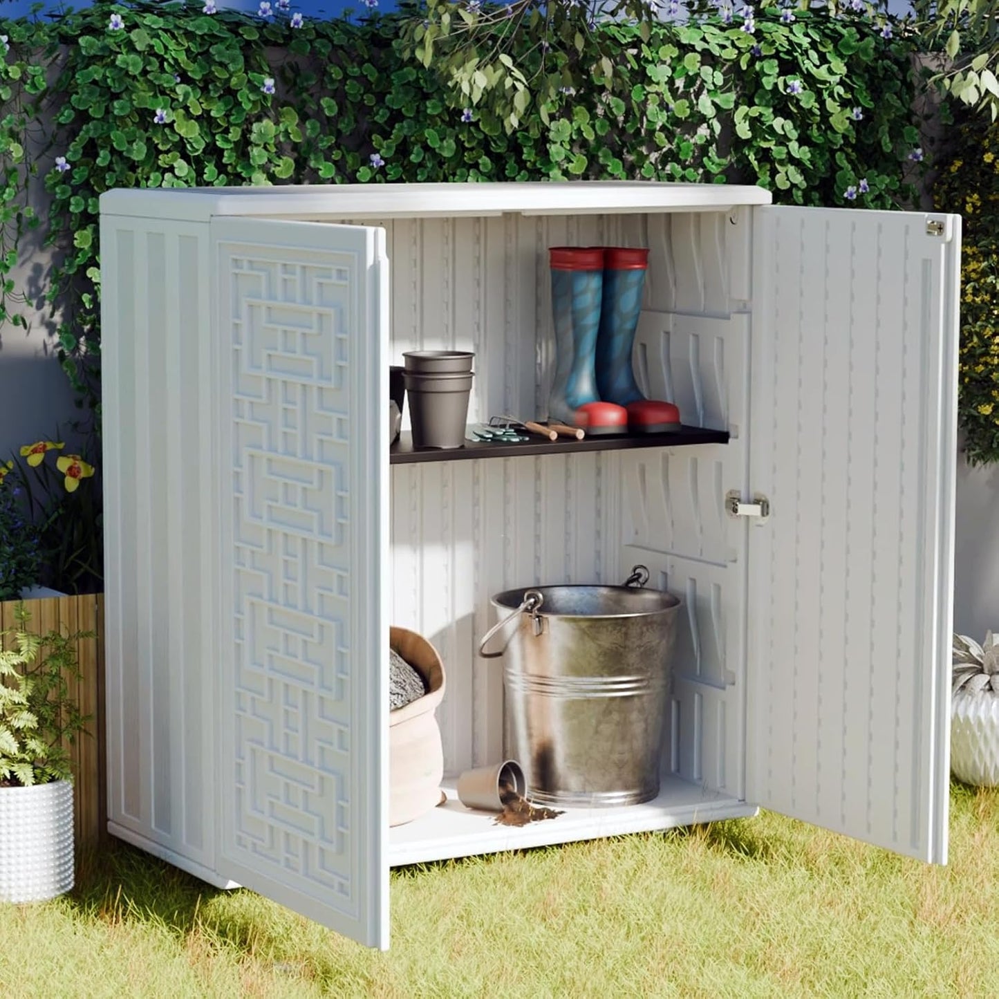 Mrosaa Waterproof Indoor Outdoor Storage Cabinet - Off White Plastic for Patio & Garden | 34.3''L x 15''W x 36.2''H