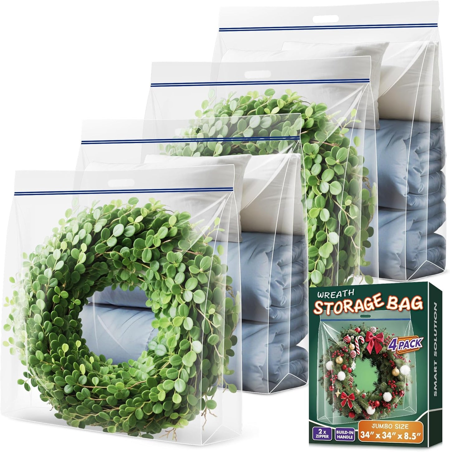 Skiennix Extra Large Clear Wreath Storage Bag - Durable Plastic with Handle | 34"x34"x8.5", 4 Pack for Holiday Decor & Bedding