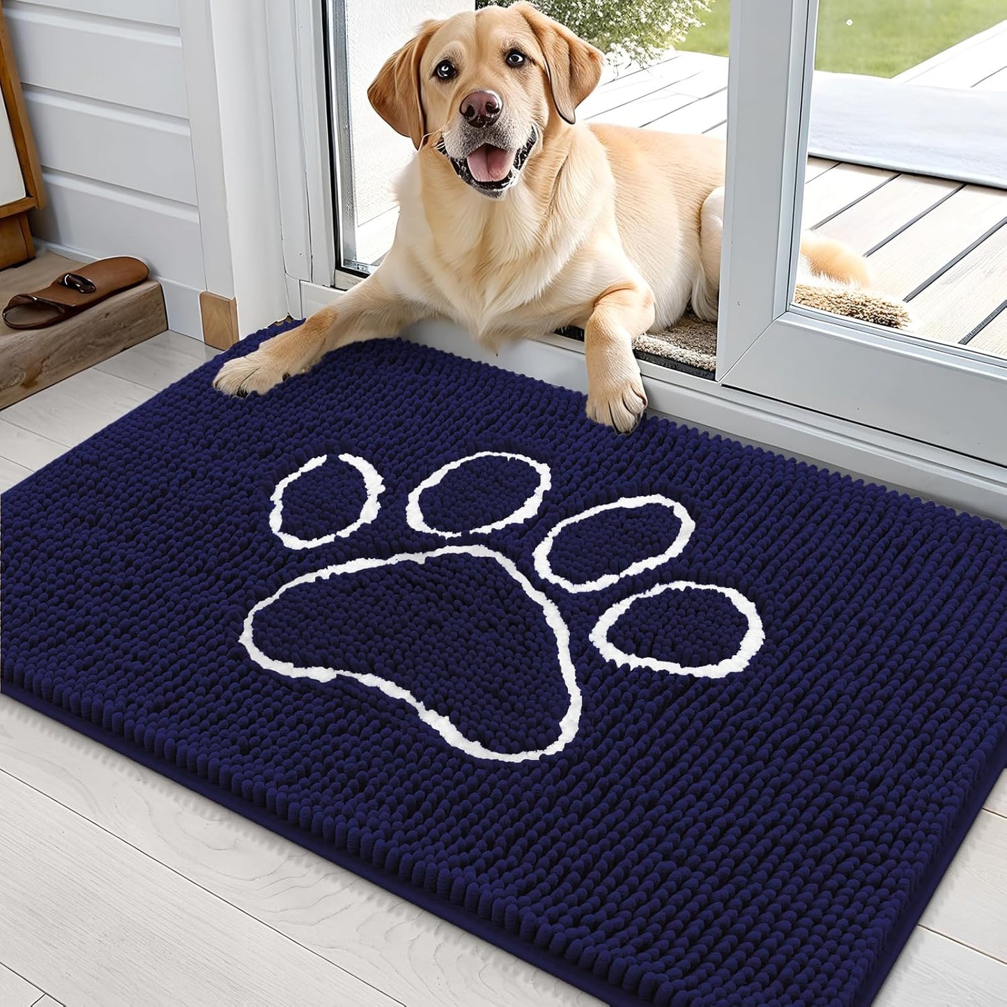 OLANLY Dog Door Mat - Absorbent Non-Slip Mud Mat for Muddy Paws | 36x24 Navy Blue Chenille Design