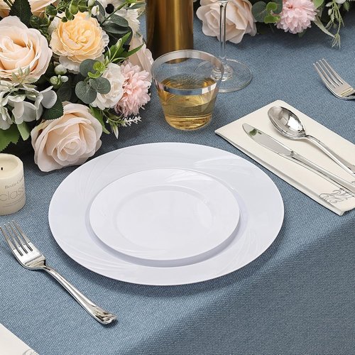 Elegant 350-Piece White Swirls Plastic Dinnerware Set by [Brand Name] | Perfect for 50 Guests, Weddings & Parties