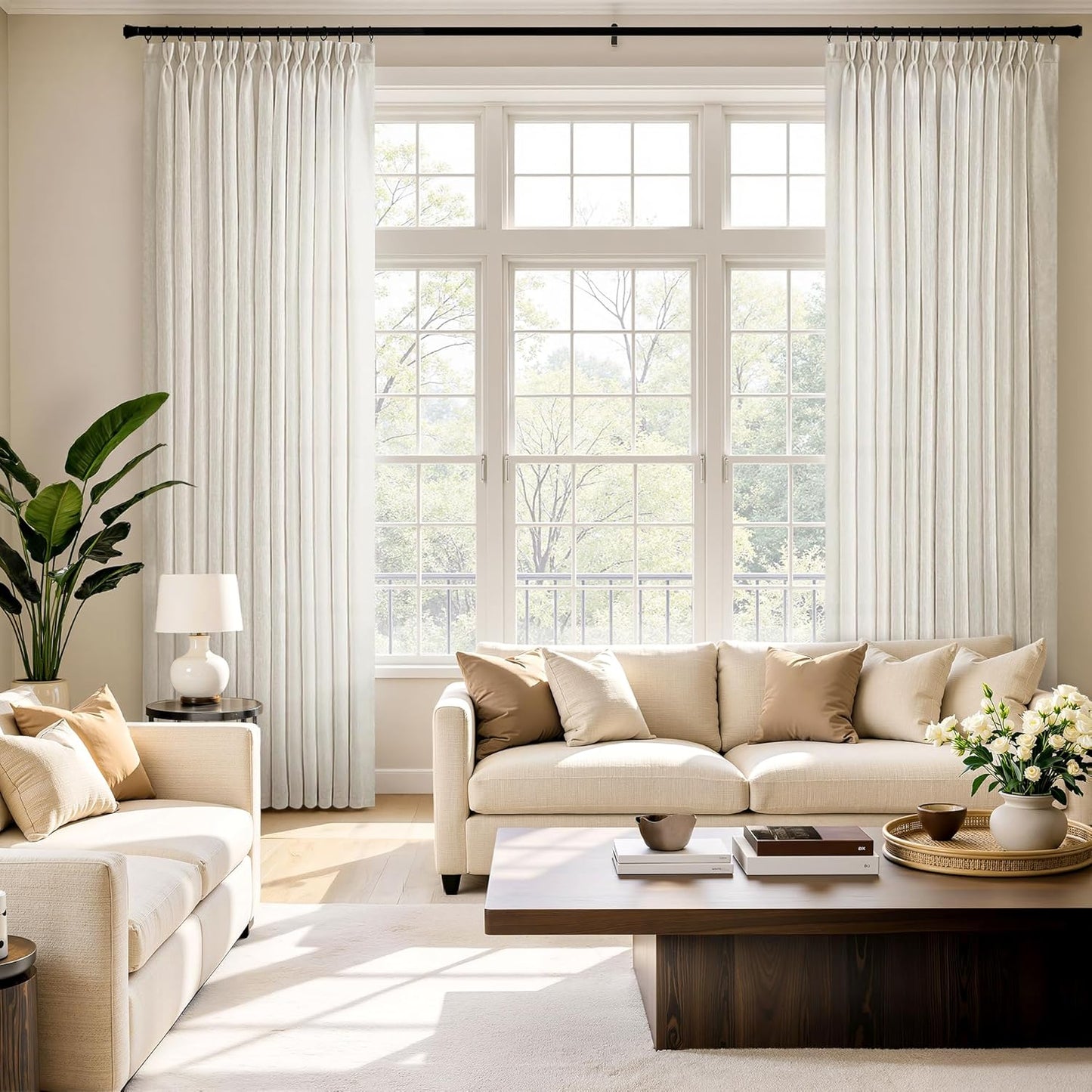 MIULEE 96-Inch Long Pinch Pleated Natural Linen Curtains - Semi-Sheer Drapes for Bedroom & Living Room