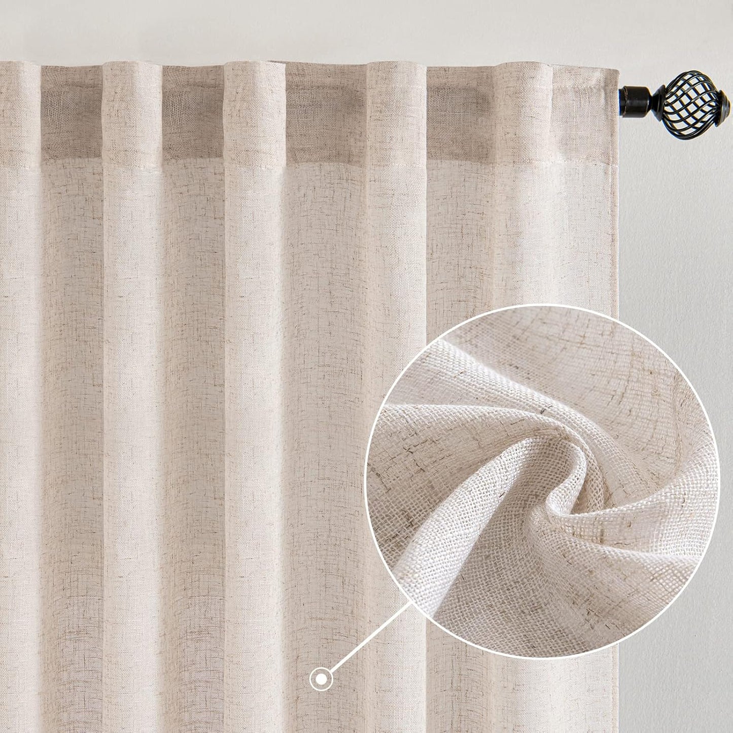 MIULEE Natural White Linen Curtains - 90-Inch Long Semi-Sheer Drapes | Soft Thick Textured Panels for Bedroom & Living Room