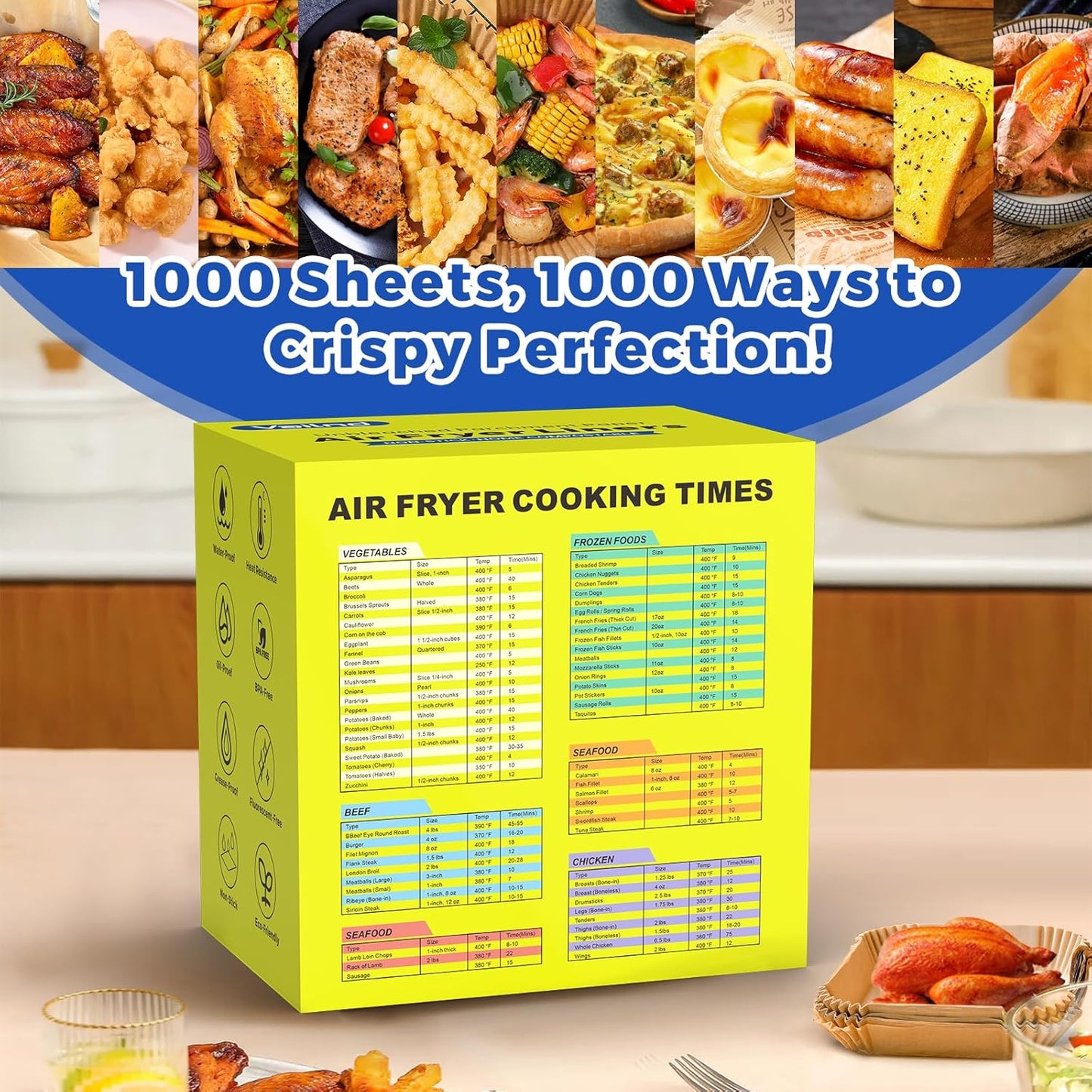 Skiennix Air Fryer Paper Liners - 1000 Pcs Heavy-Duty Disposable Parchment, 8" Square, Non-Stick & Grease-Proof