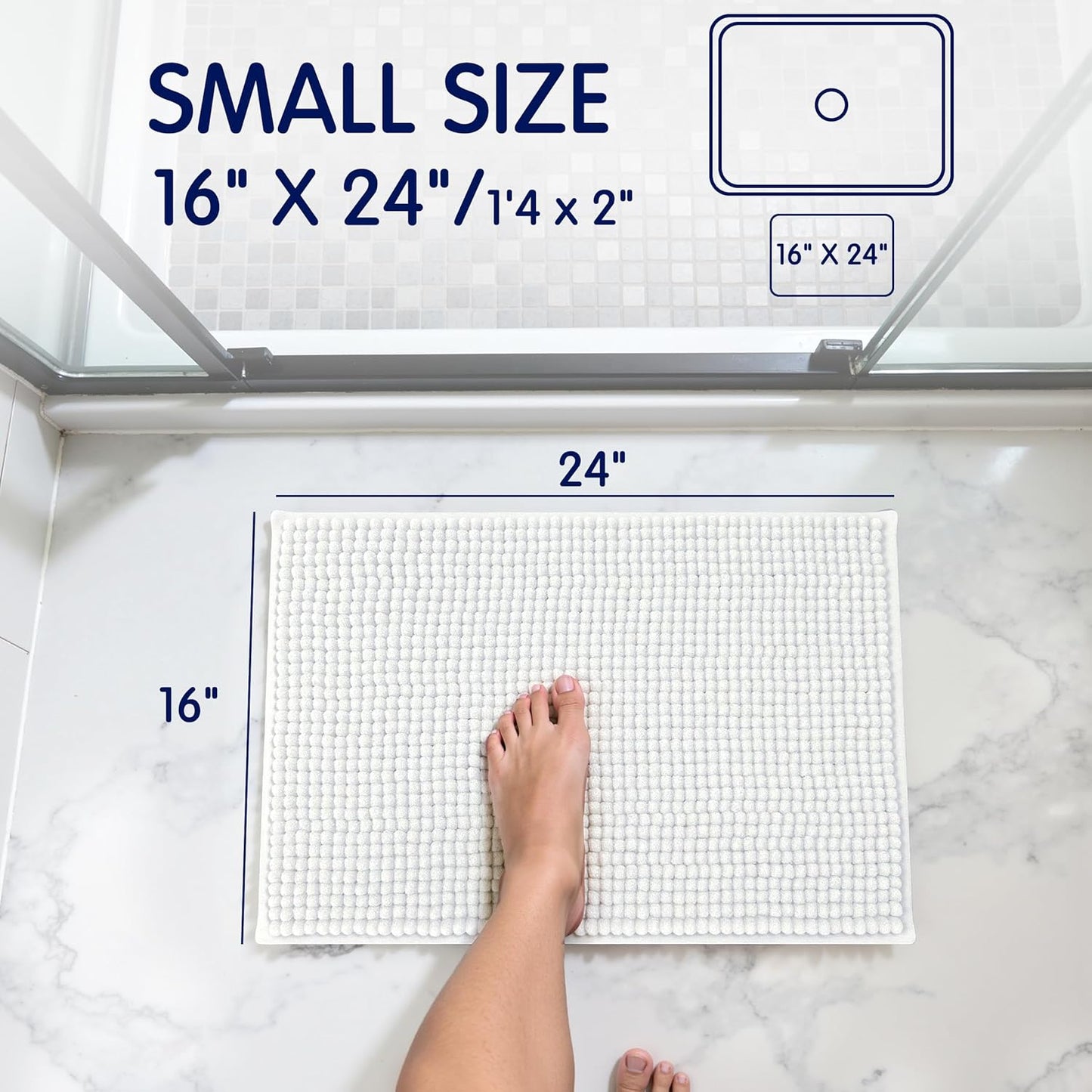 Subrtex Chenille Bath Rug - Soft, Water Absorbent Shower Mat | Quick Dry, Machine Washable (White, 16" x 24")