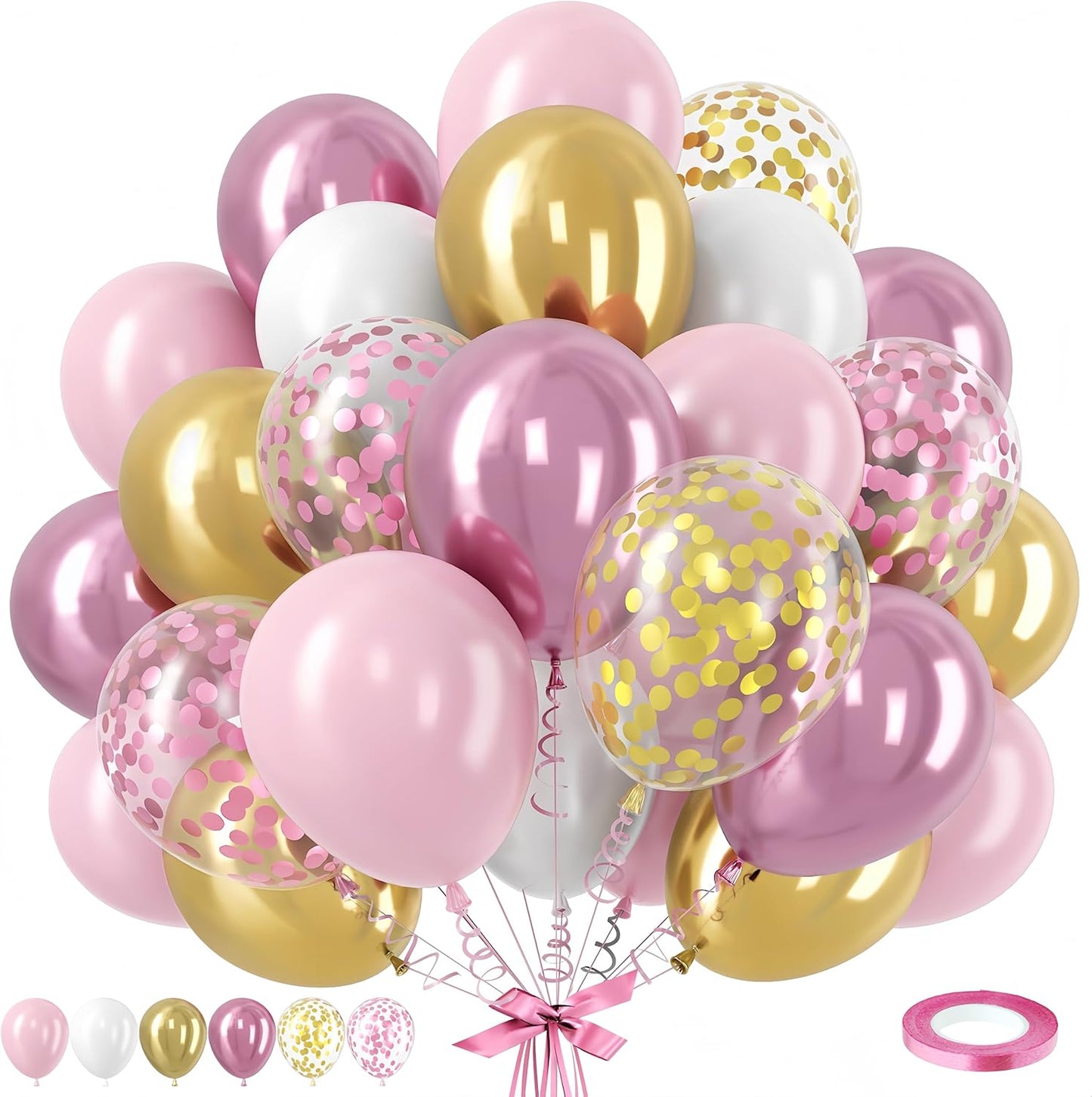 Pink Gold Balloons Set - 12 Inch Latex Balloons with Confetti | Perfect for Bridal Showers & Birthdays