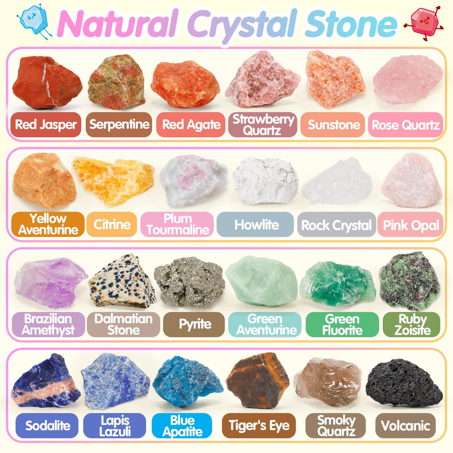 SevenQ Easter Basket Stuffers Easter Egg Fillers with Crystal Gems Rocks Raw Stone 24Pcs, Gemstones Rock Collections for Kids Easter Decorations Goodie Gifts Bags Hunt Supplies Party Favors Essentials