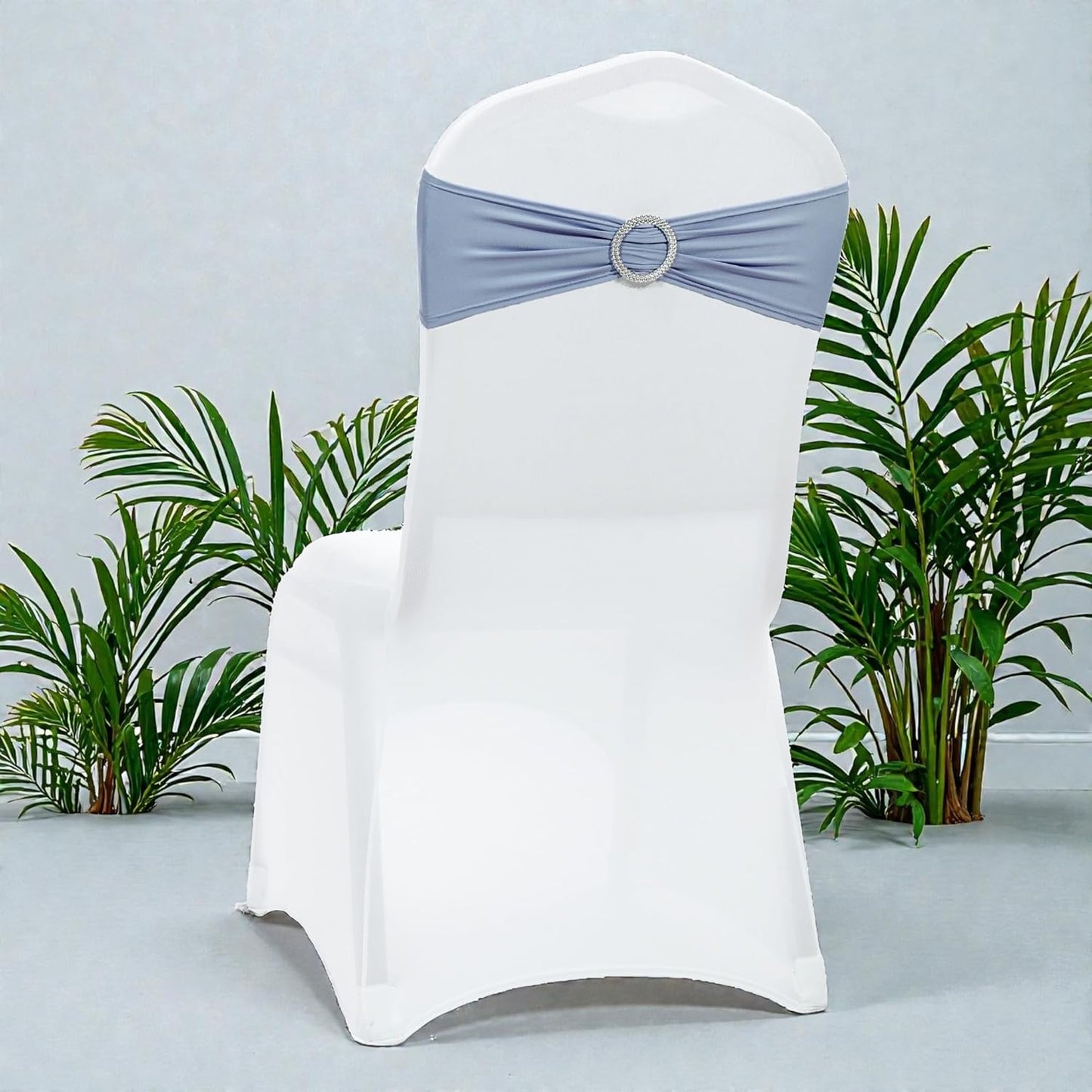 MDS Spandex Chair Sashes - Pack of 150 Elastic Stretch Bows with Buckle Slider for Wedding Decor - Dusty Blue
