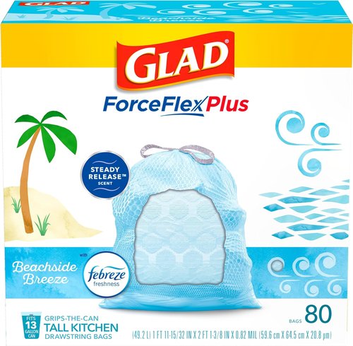 Glad Trash & Food Storage ForceFlexPlus Tall Kitchen Drawstring Trash Bags - 13 Gallon, Febreze Beachside Breeze, 80 Count
