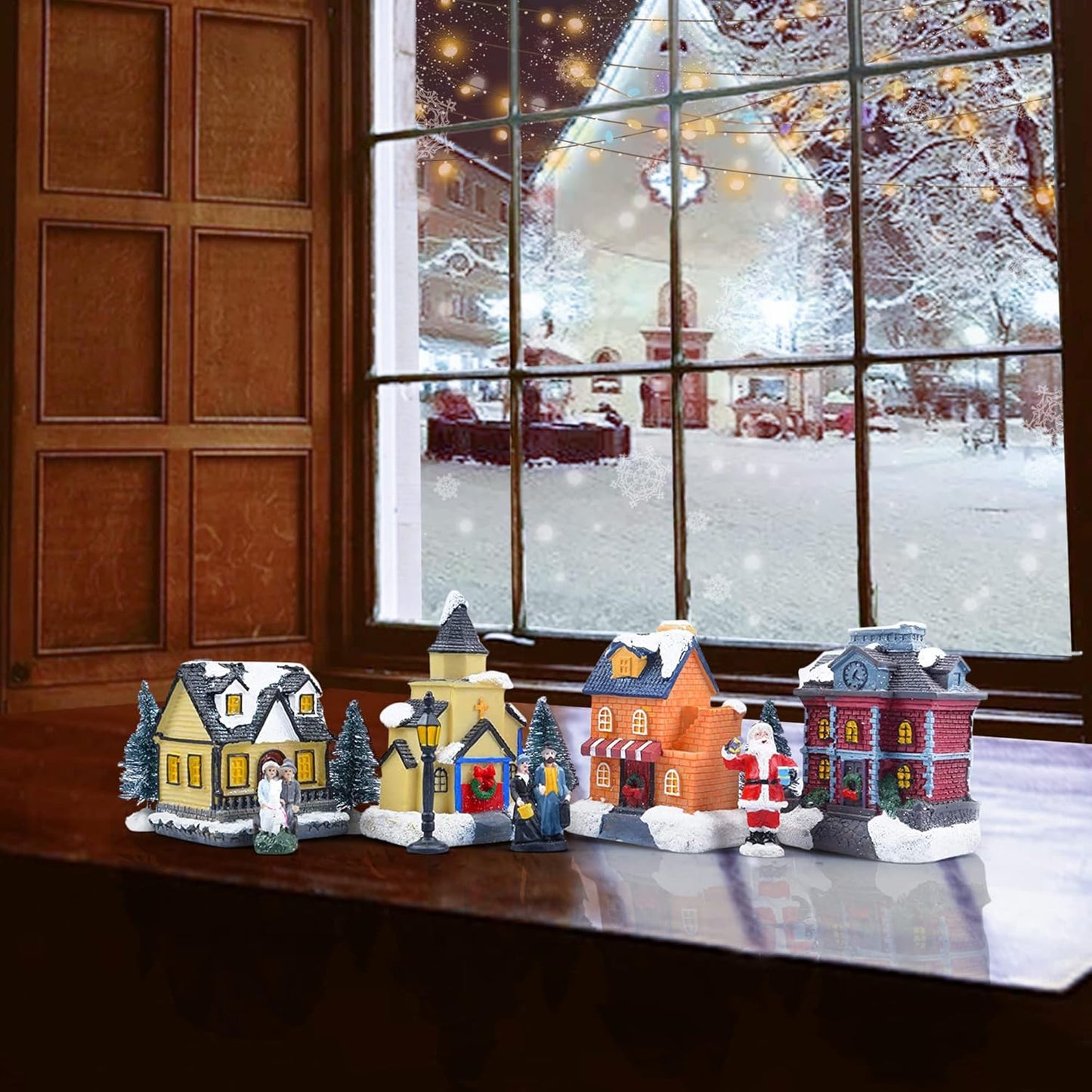 Skiennix Christmas Village Set - LED Lighted Houses with Figurines | Indoor Holiday Decor Collection
