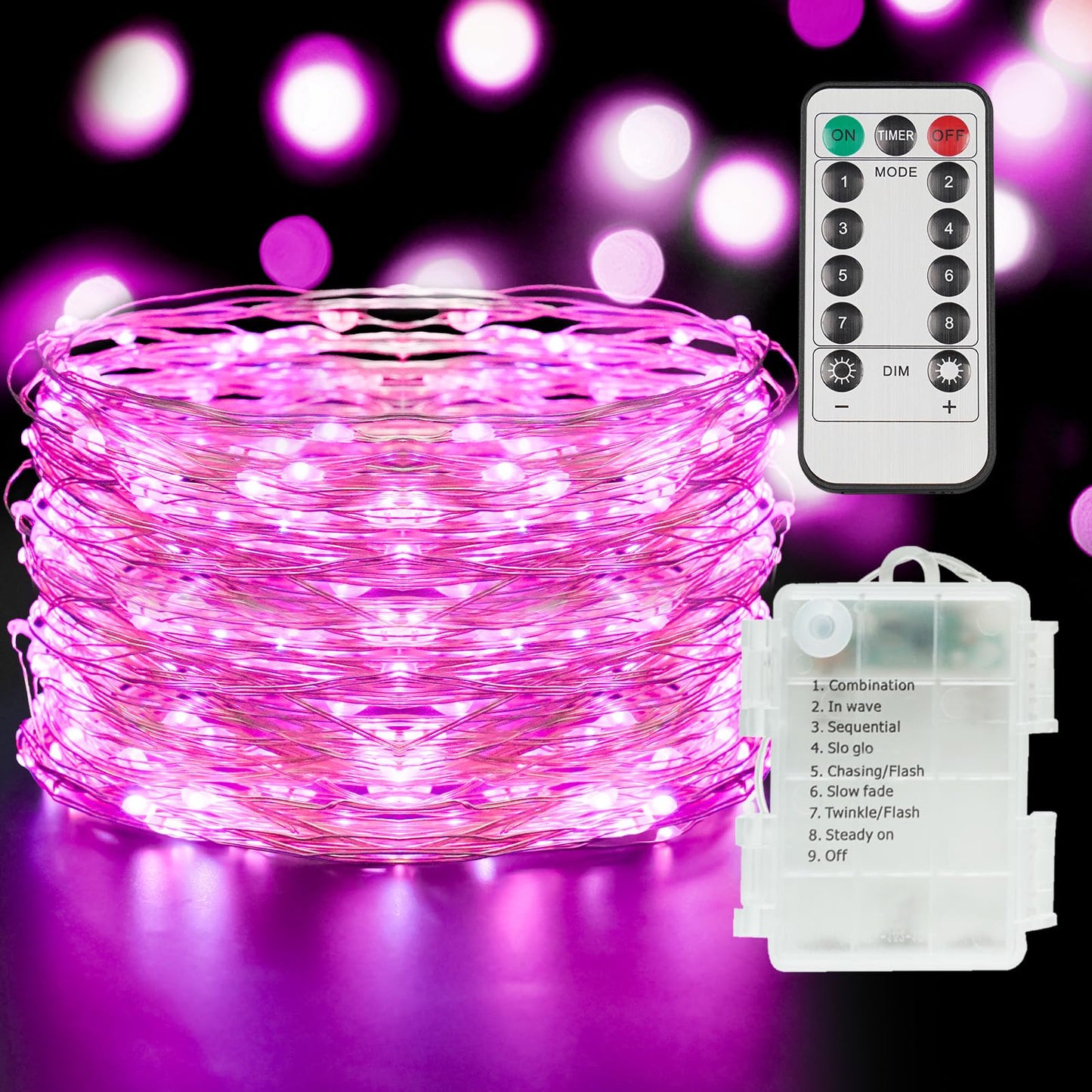 suddus Pink Fairy Lights Battery Operated Outdoor Waterproof, 33ft 100 Led String Lights with Remote, Twinkle Lights for Bedroom, Dorm, Tapestry, Christmas, Party Decorations