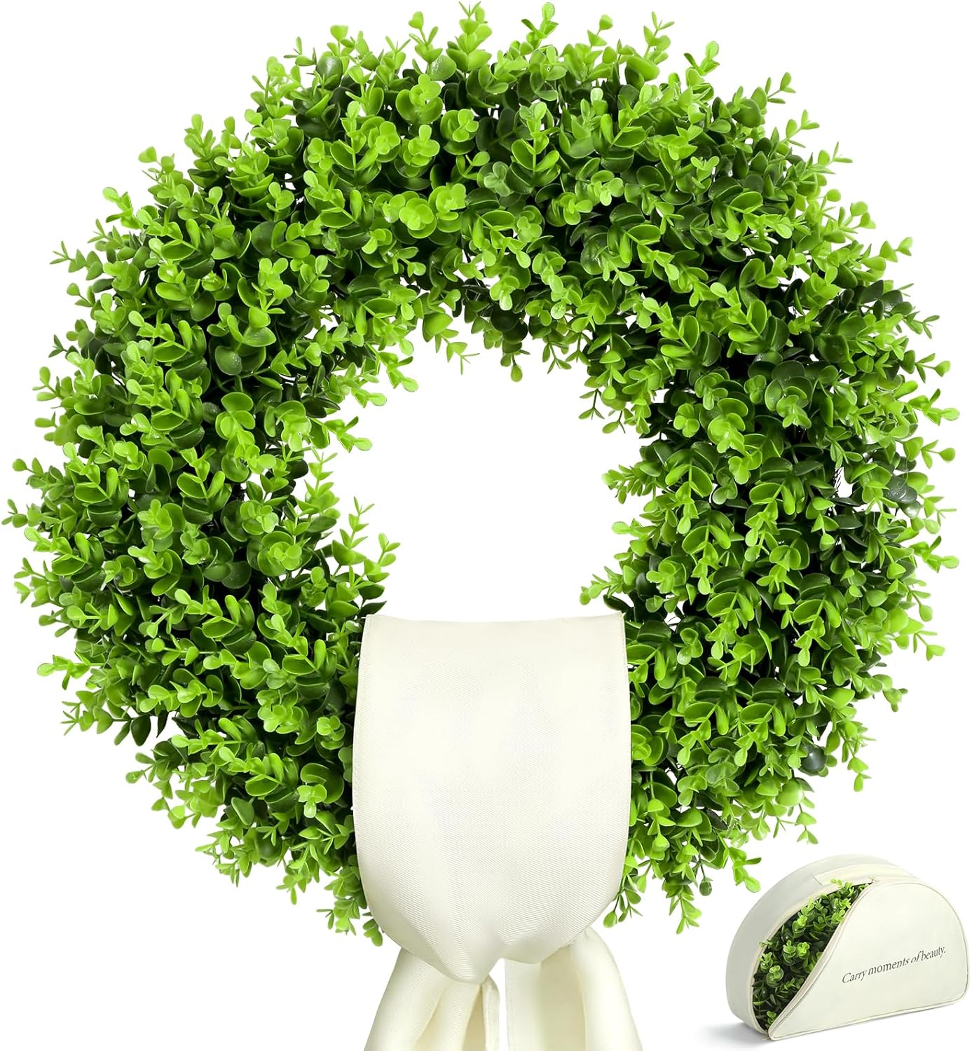 Regine Switzerland 24" Boxwood Wreath - Preserved Greenery with Sash | Perfect Summer Front Door Decor