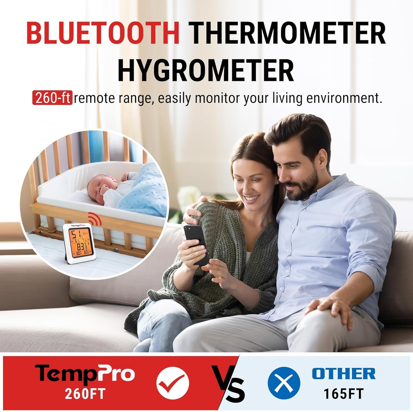 TempPro Hygrometer Thermometer - Bluetooth Indoor Room & Greenhouse Monitor | 260FT Range, Backlit Display
