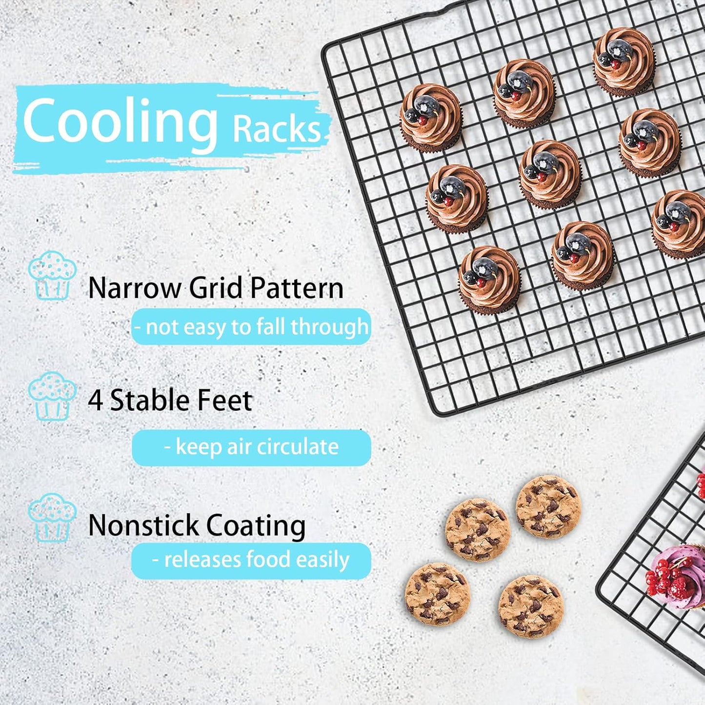 Tebery Heavy Duty Wire Cooking Rack - Nonstick Baking & Cooling Grid, 16" x 10" | 2 Pack for Roasting & Grilling