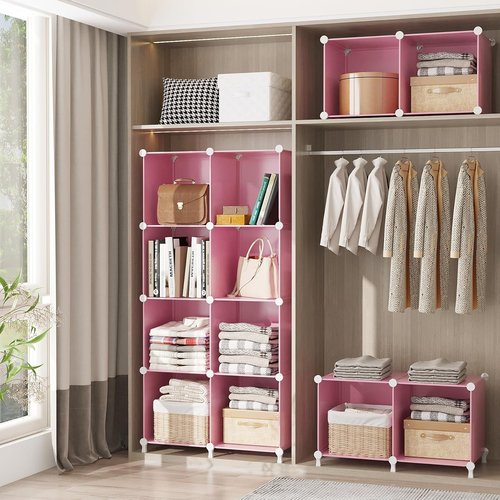 AWTATOS Cube Storage Organizer - Portable DIY Closet Organizer with 6 Stackable Cubes - Pink