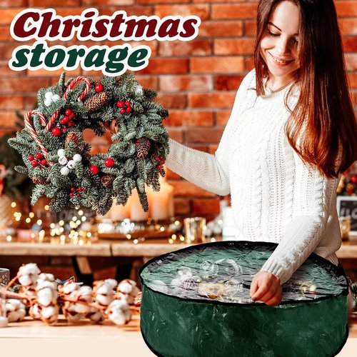 Dunzy Christmas Wreath Storage Bag - 8 Pieces Tear-Resistant Fabric with Clear Window | 24x24x7.8 Inch, Green