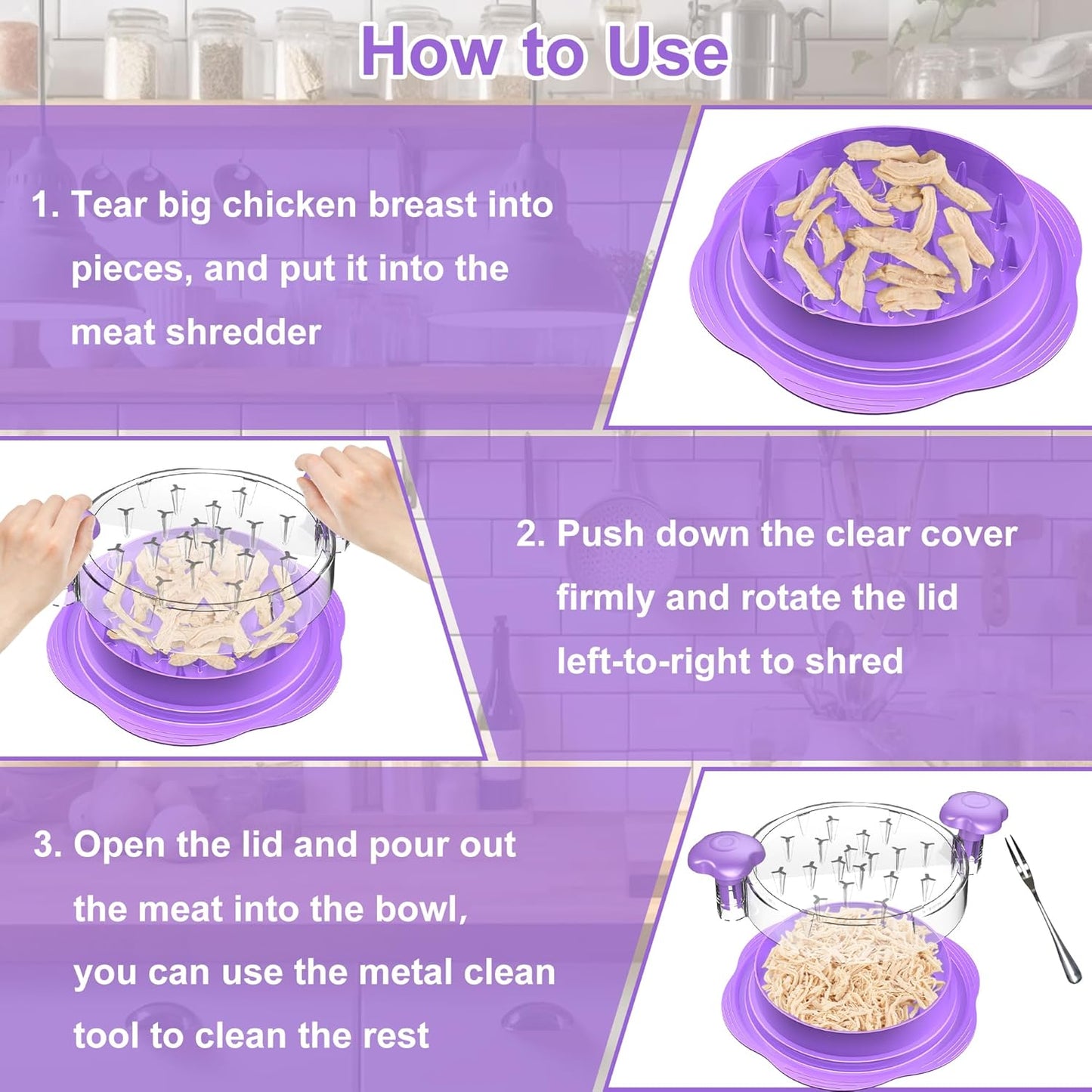SURETIVIAN Chicken Shredder - Ergonomic Large Meat Shredder Tool with Brush & Fork | BPA-Free, Purple