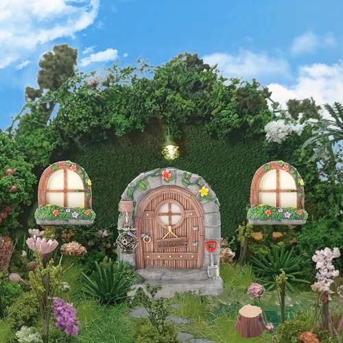 Exasinine Fairy Door Set - 6 Pcs Glow in The Dark Miniature Garden Accessories | Outdoor Decor with Lanterns