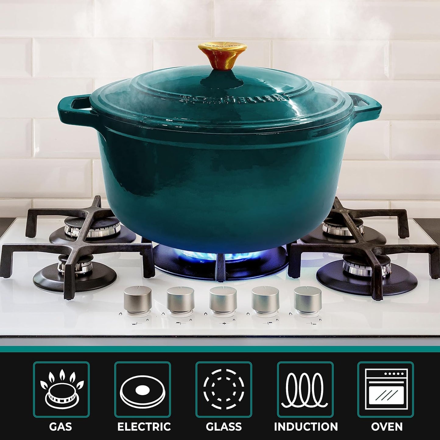 Mueller DuraCast Dutch Oven Pot - 6 Quart Enameled Cast Iron for Sourdough Baking | PFOA-Free, 500°F Oven Safe, Emerald