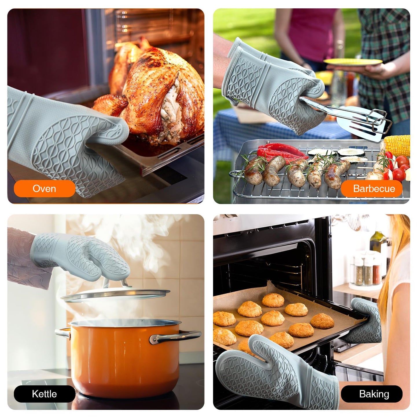 Silicone Oven Mitts, Heat Resistant 2PCS Oven Mitts with Soft Cotton Lining, Waterproof Non-Slip Grip Oven Glove, Kitchen Potholder Mits for BBQ, Baking, Cooking, 12.5 Inch - Grey