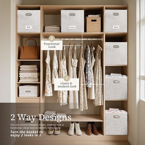 DECOMOMO Felt Storage Bins - 11-Inch Cube Storage Bins with Labels for Kallax Shelves | Beige (Set of 6)