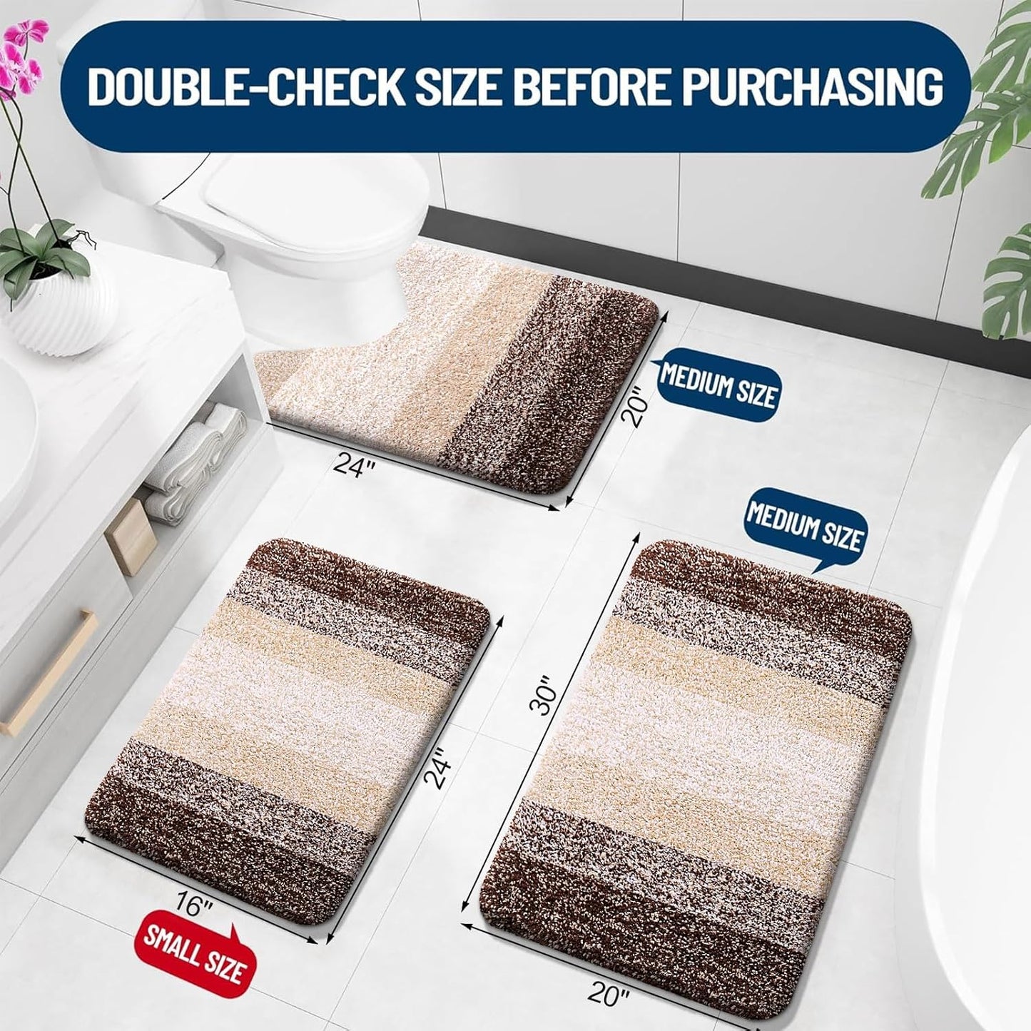 OLANLY Bathroom Rugs Set - Soft Absorbent Microfiber Mats with U-Shaped Contour Rug | 3-Piece Brown Set (30"x20"+24"x16"+24"x20")