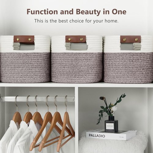 ECDYQXVU Cotton Rope Basket - Woven Storage Baskets with Handles for Shelves | 15x10x9 Inch, White & Brown (2 Pack)