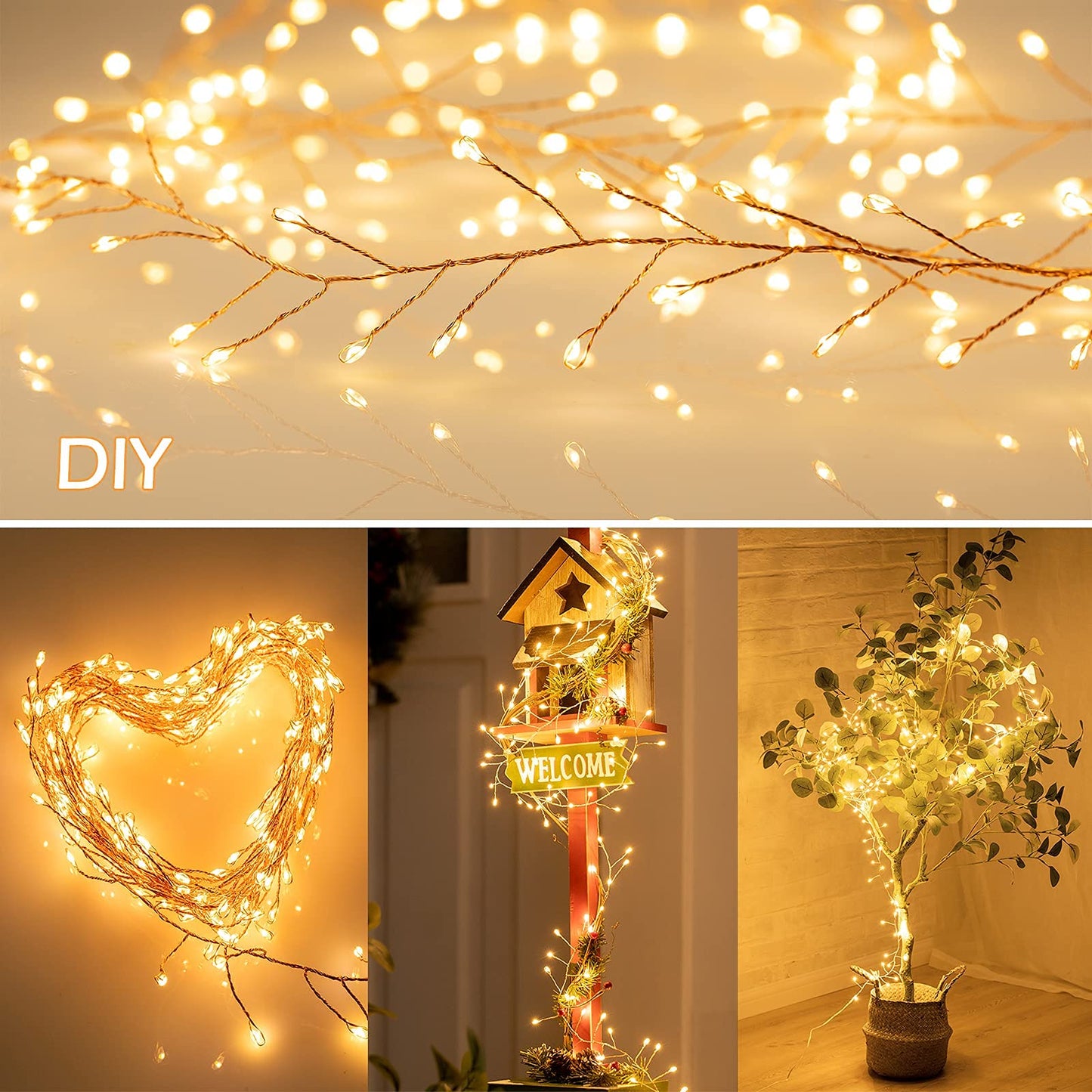 Minetom Fairy Lights Plug in, 10Feet 200LED Cluster String Lights, Copper Wire Waterproof Starry Firecracker Lights for Ceiling Bedroom Wreath Window Wedding Christmas Tree Decorations, Warm White