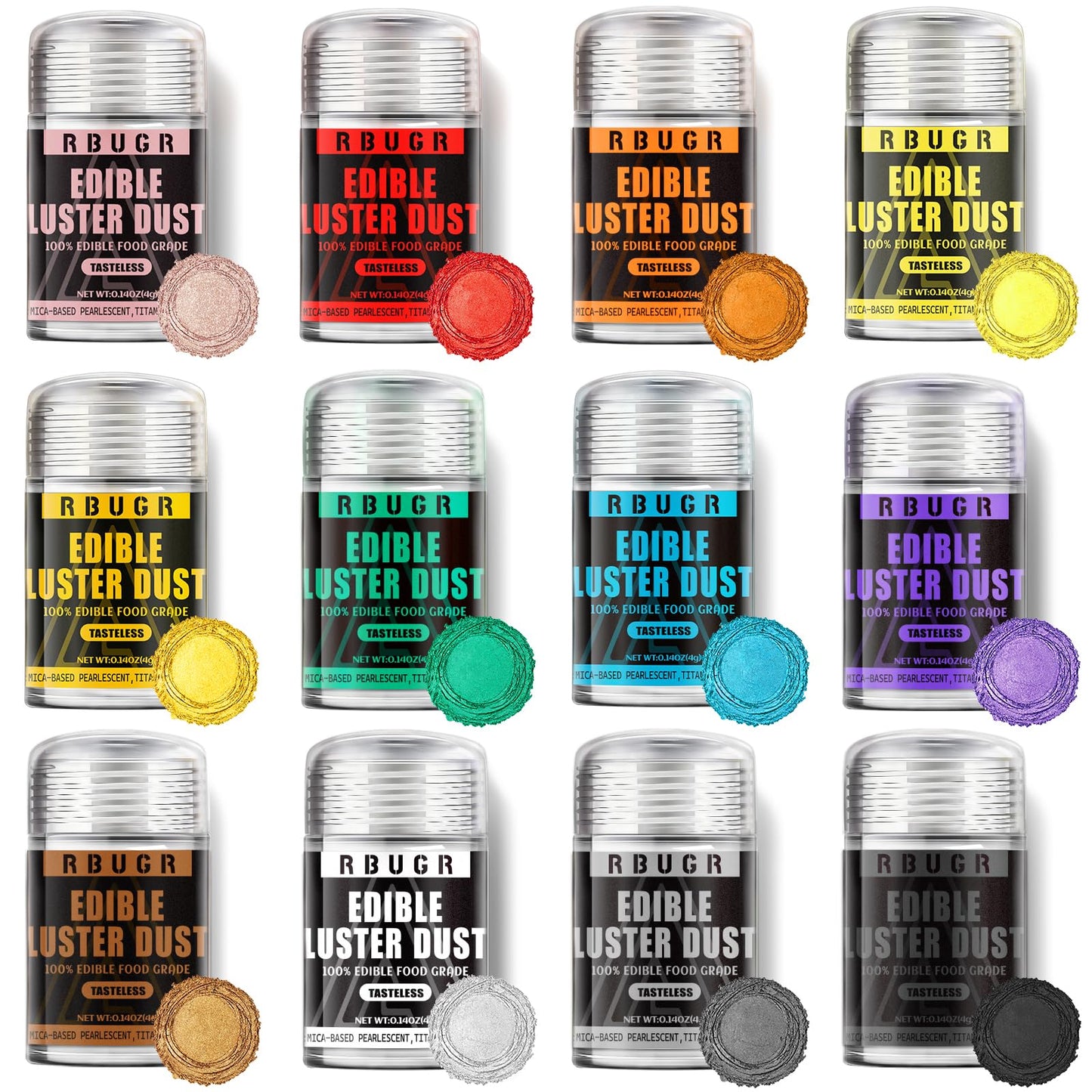RBUGR Luster Dust Edible, 12 Colors Edible Glitter Pack, Cocktail Food Glitter Edible Dust, Vegan Edible Shimmer, Drink Powder for Cakes Cookies Chocolates Baking（4g/0.14oz）